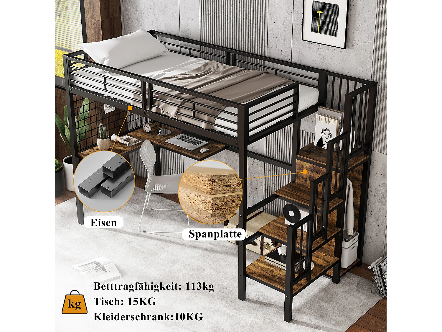 Hochbett für Kinder – 90 x 200 cm – mit Schreibtisch, Kleiderschrank und Treppe mit Stauraum – Metall + MDF – schwarz + natur