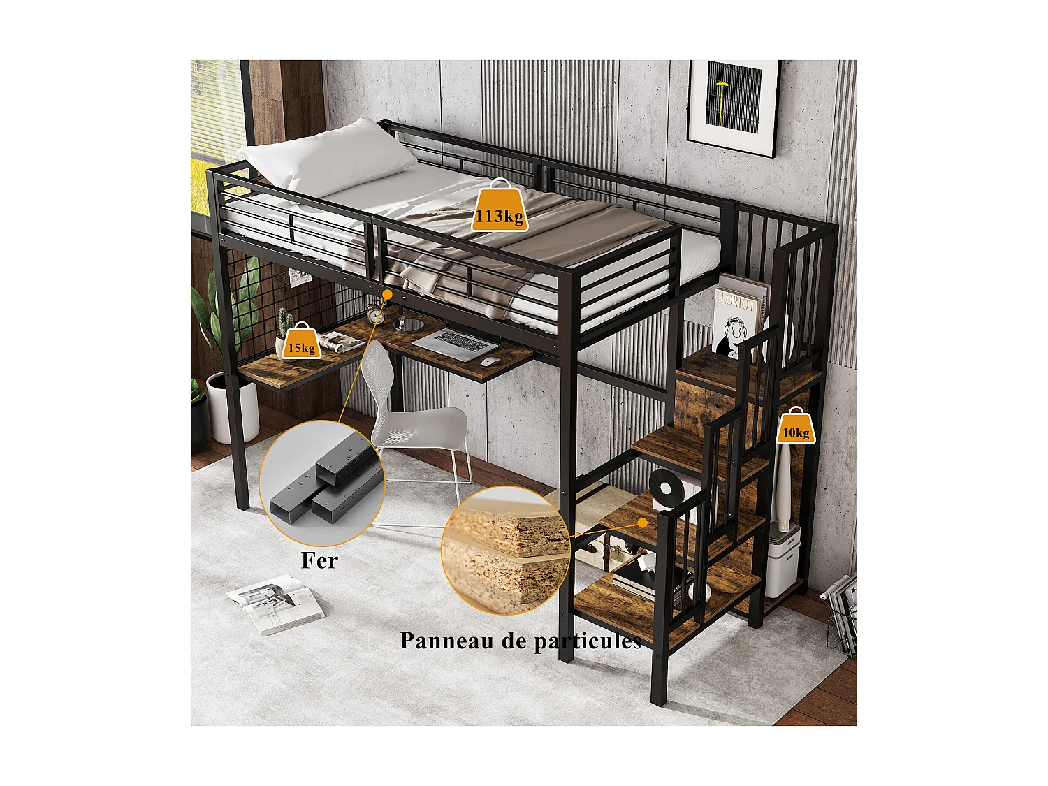 Hochbett für Kinder – 90 x 200 cm – mit Schreibtisch, Kleiderschrank und Treppe mit Stauraum – Metall + MDF – schwarz + natur