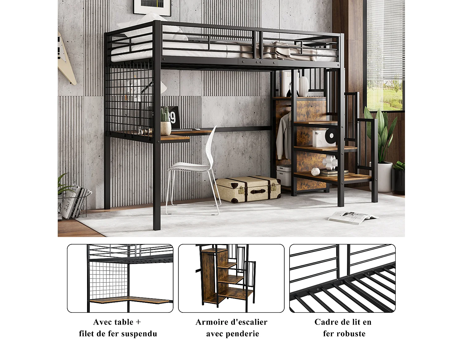 Hochbett für Kinder – 90 x 200 cm – mit Schreibtisch, Kleiderschrank und Treppe mit Stauraum – Metall + MDF – schwarz + natur