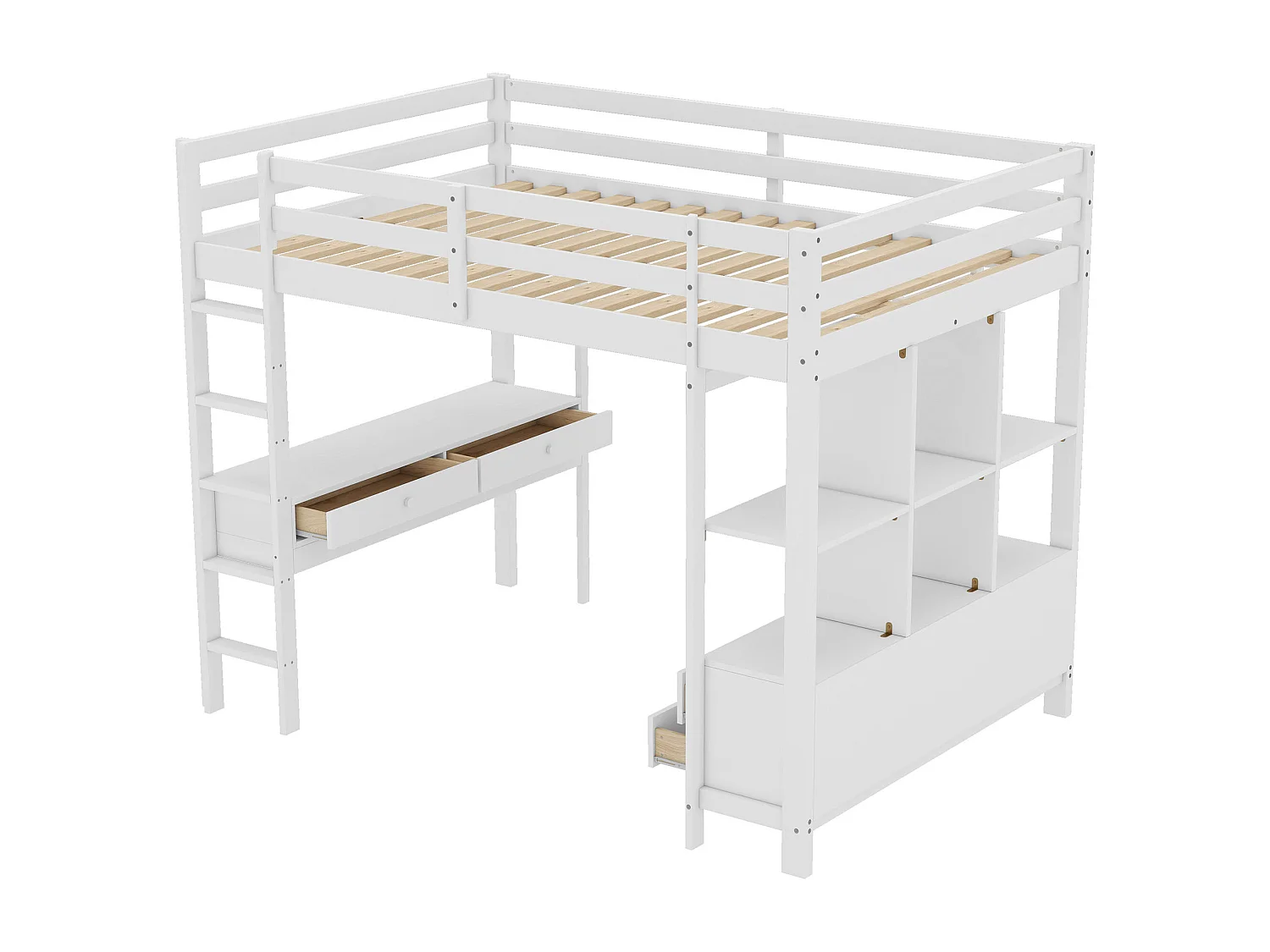 Lit mezzanine enfant - 140 x 200 cm - avec tiroirs + bureau + étagère de rangement - bois - blanc