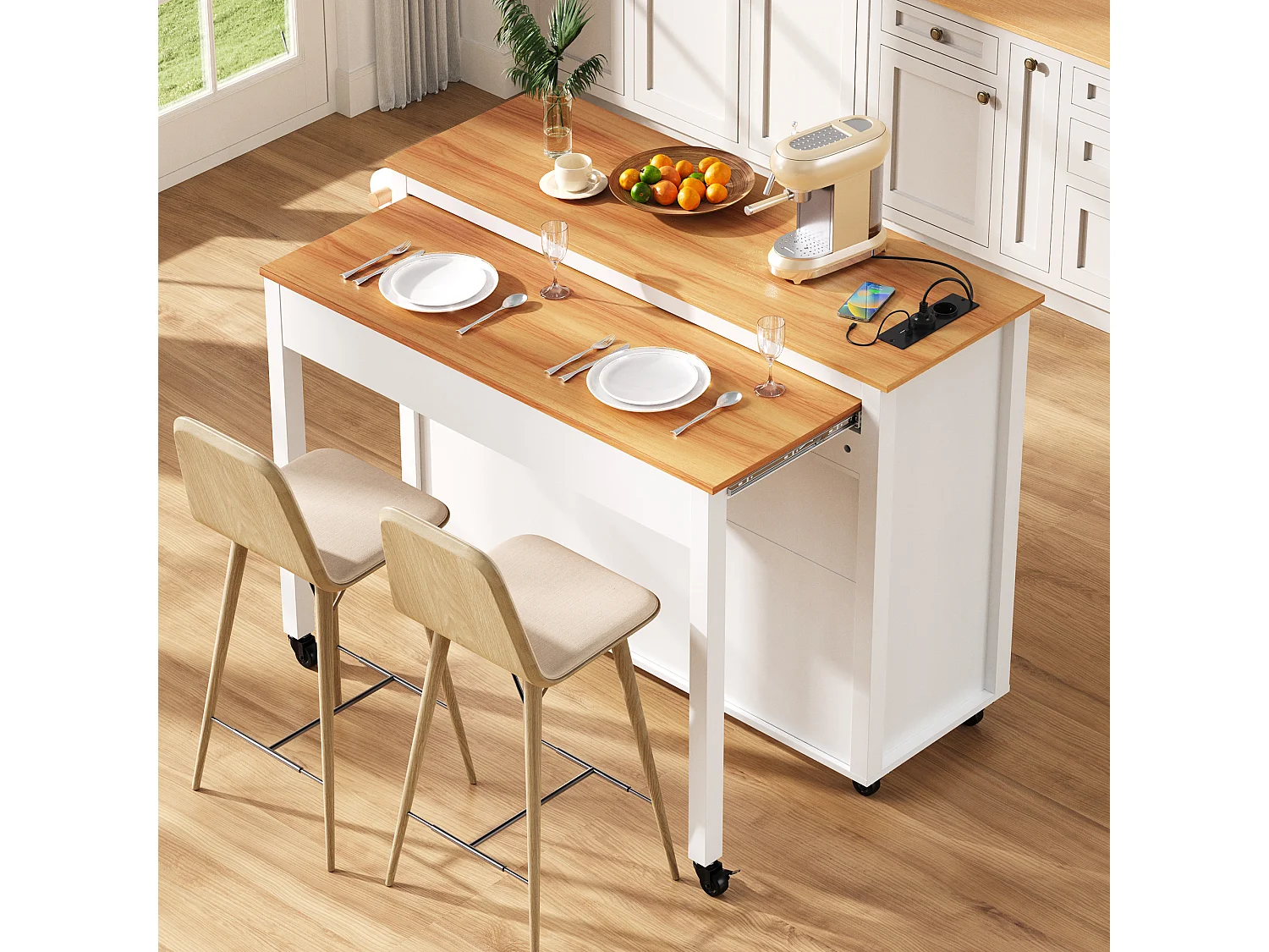 Rozkładana wyspa kuchenna mobilna - 120 x 40/75 x 92 cm - z 3 drzwiami + 2 szufladami - MDF - biała