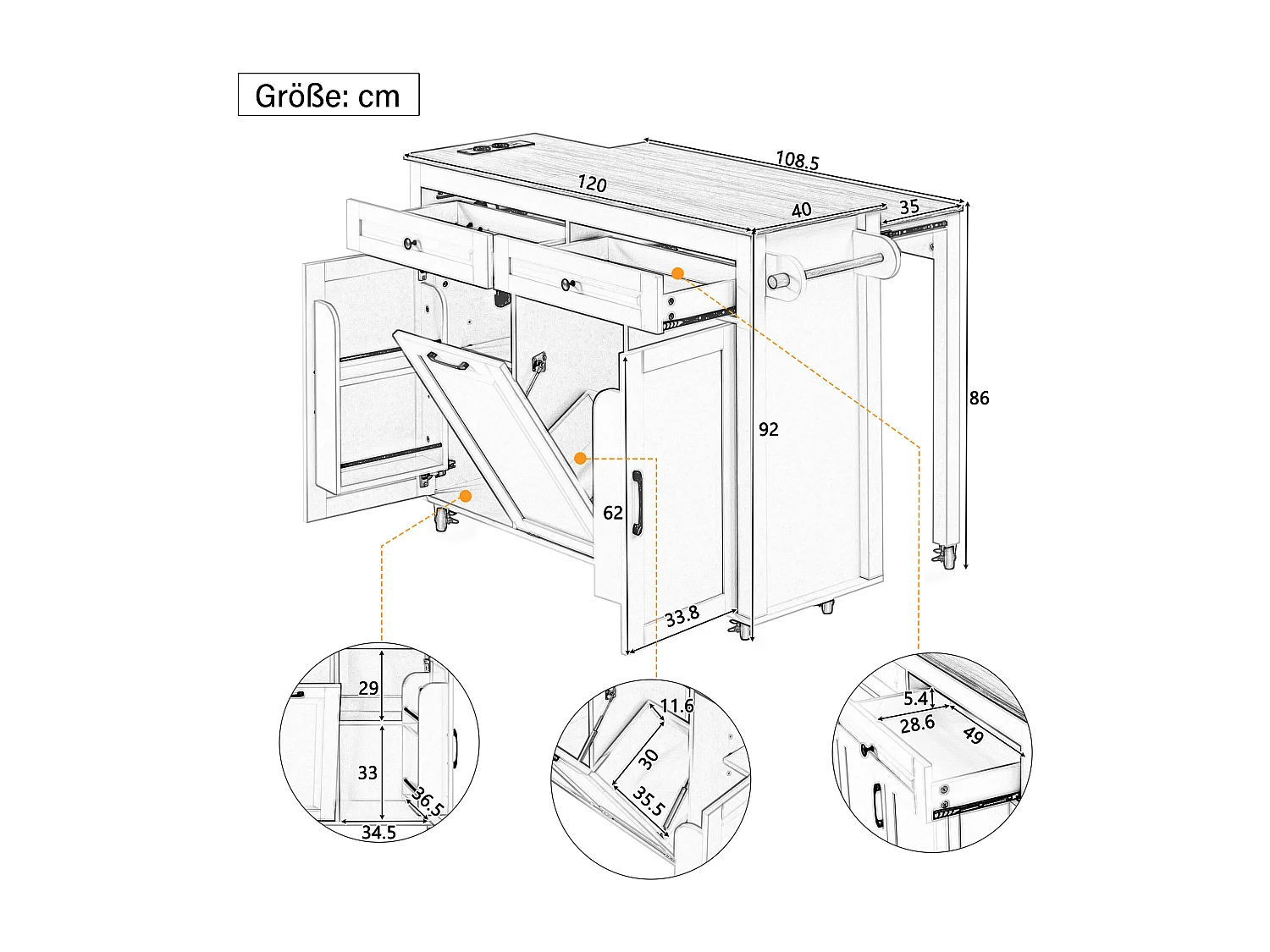 Rozkładana wyspa kuchenna mobilna - 120 x 40/75 x 92 cm - z 3 drzwiami + 2 szufladami - MDF - biała