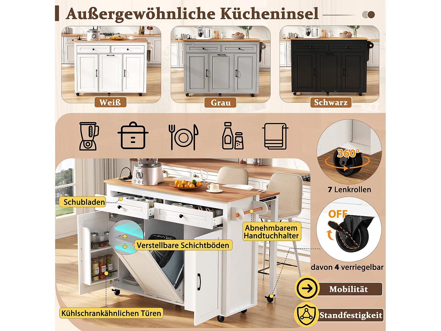 Rozkładana wyspa kuchenna mobilna - 120 x 40/75 x 92 cm - z 3 drzwiami + 2 szufladami - MDF - biała