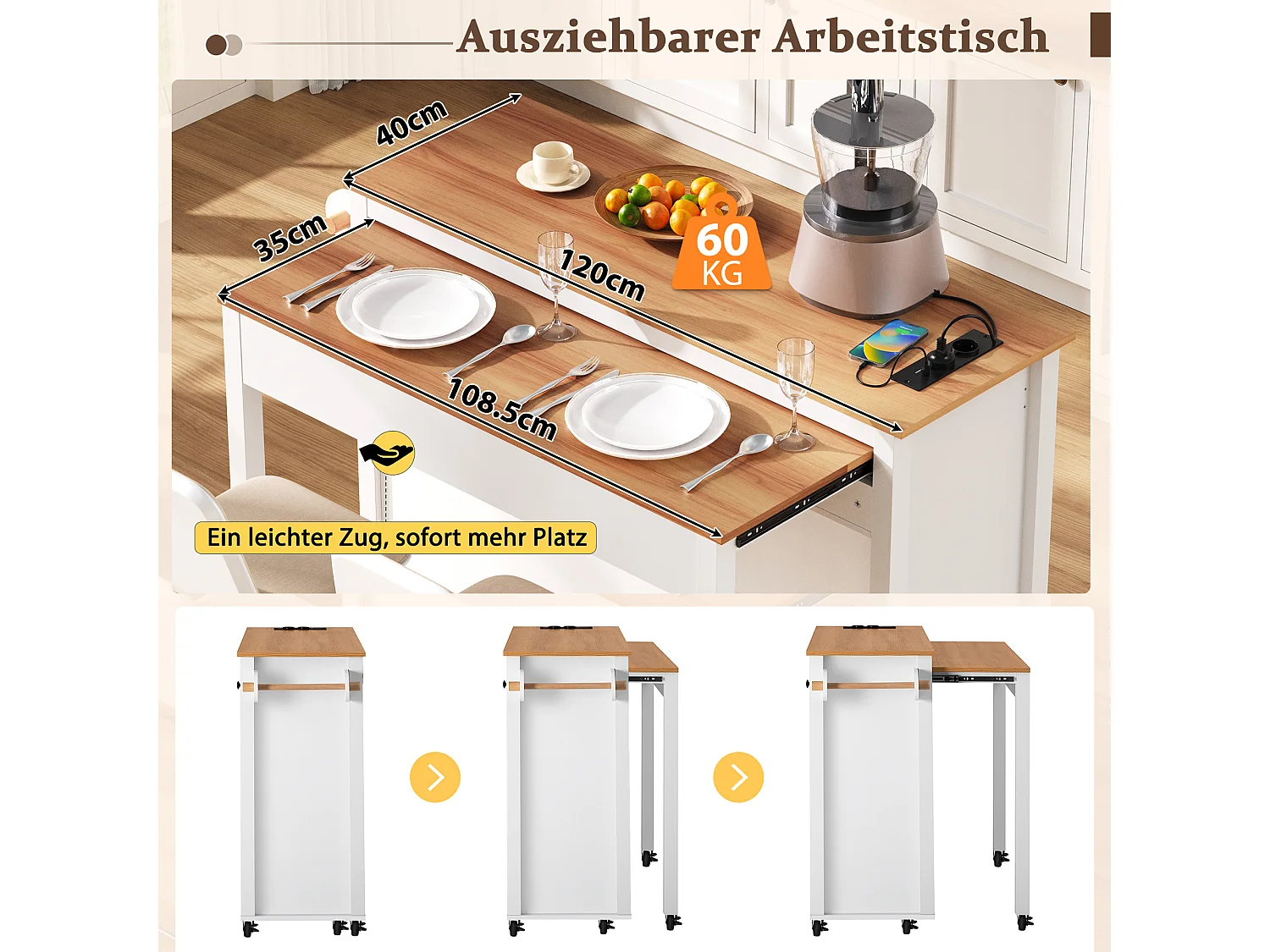 Rozkładana wyspa kuchenna mobilna - 120 x 40/75 x 92 cm - z 3 drzwiami + 2 szufladami - MDF - biała