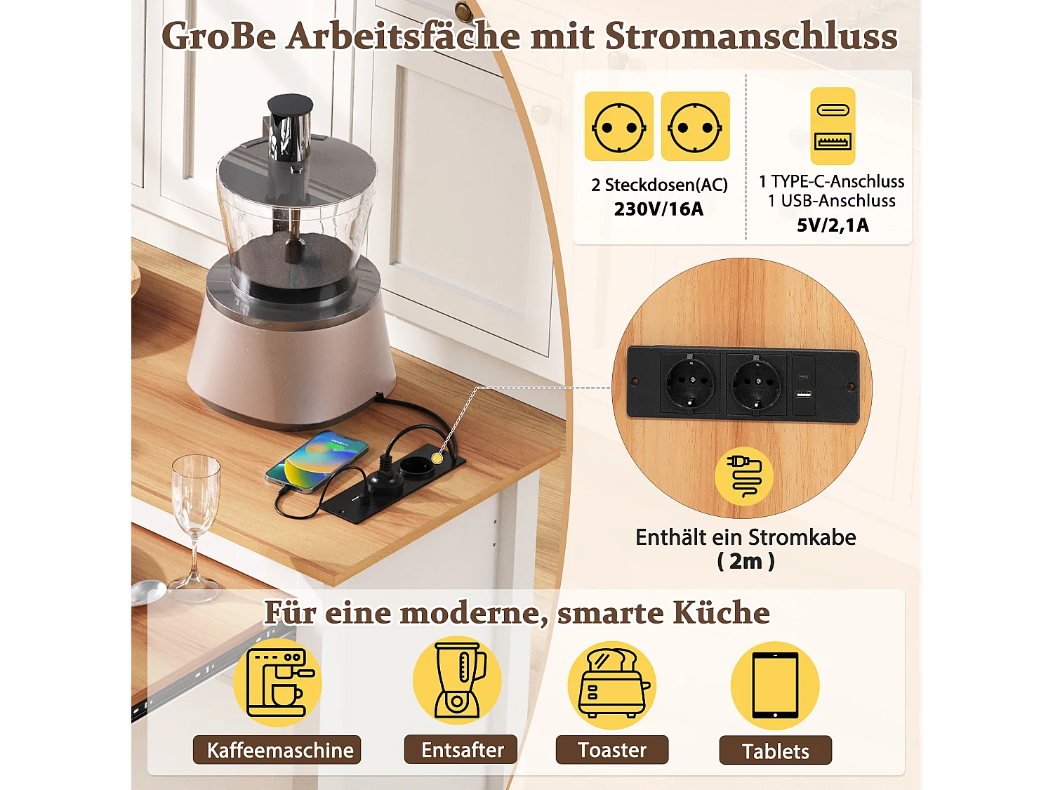 Rozkładana wyspa kuchenna mobilna - 120 x 40/75 x 92 cm - z 3 drzwiami + 2 szufladami - MDF - biała