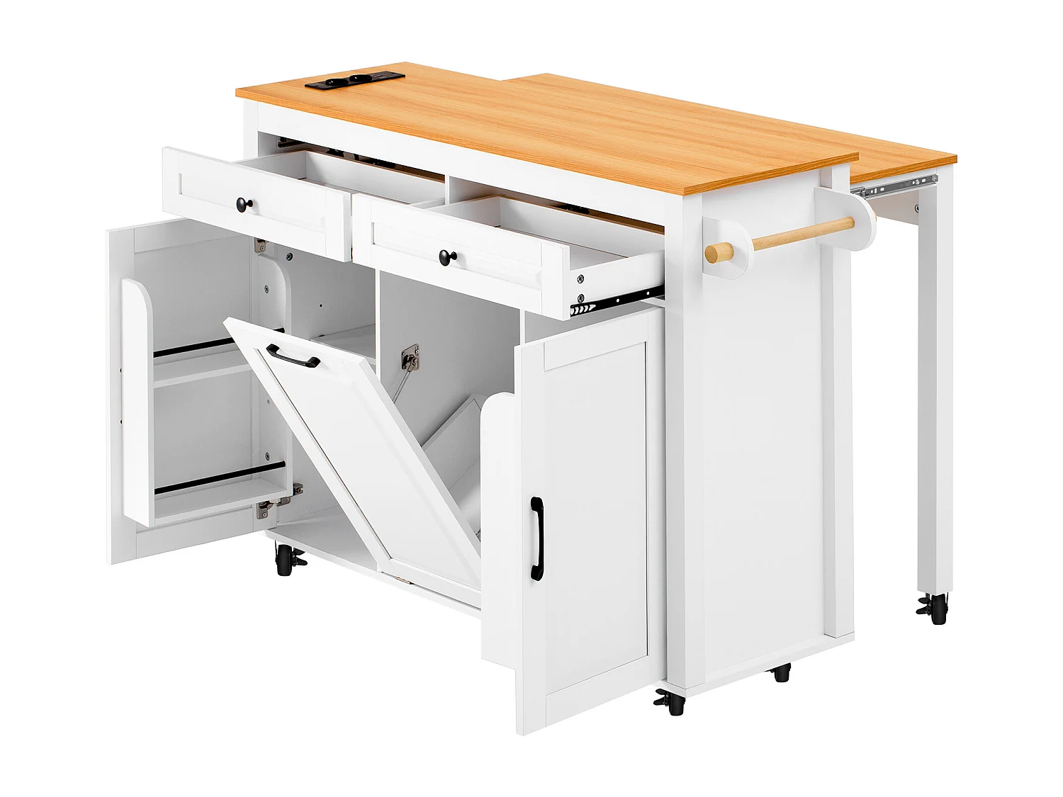 Rozkładana wyspa kuchenna mobilna - 120 x 40/75 x 92 cm - z 3 drzwiami + 2 szufladami - MDF - biała