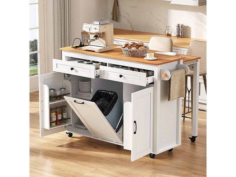 Îlot central mobile extensible - 120 x 40/75 x 92 cm - avec 3 portes + 2 tiroirs - MDF - blanc