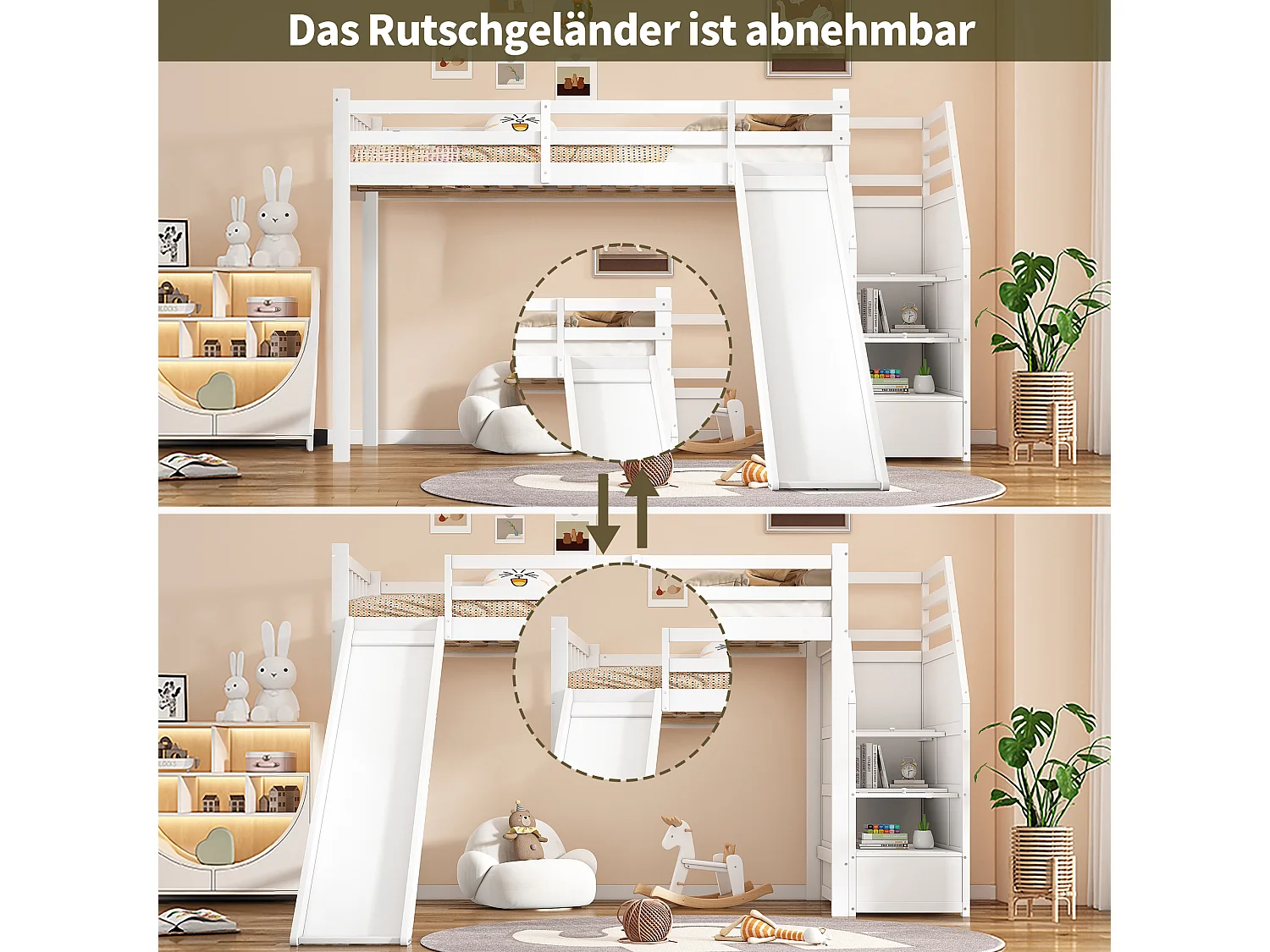 Lit mezzanine pour enfant - 90 x 200 cm - avec escalier de rangement + toboggan - bois - blanc