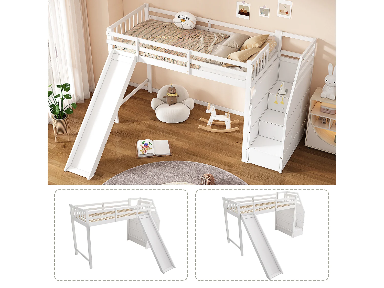 Lit mezzanine pour enfant - 90 x 200 cm - avec escalier de rangement + toboggan - bois - blanc