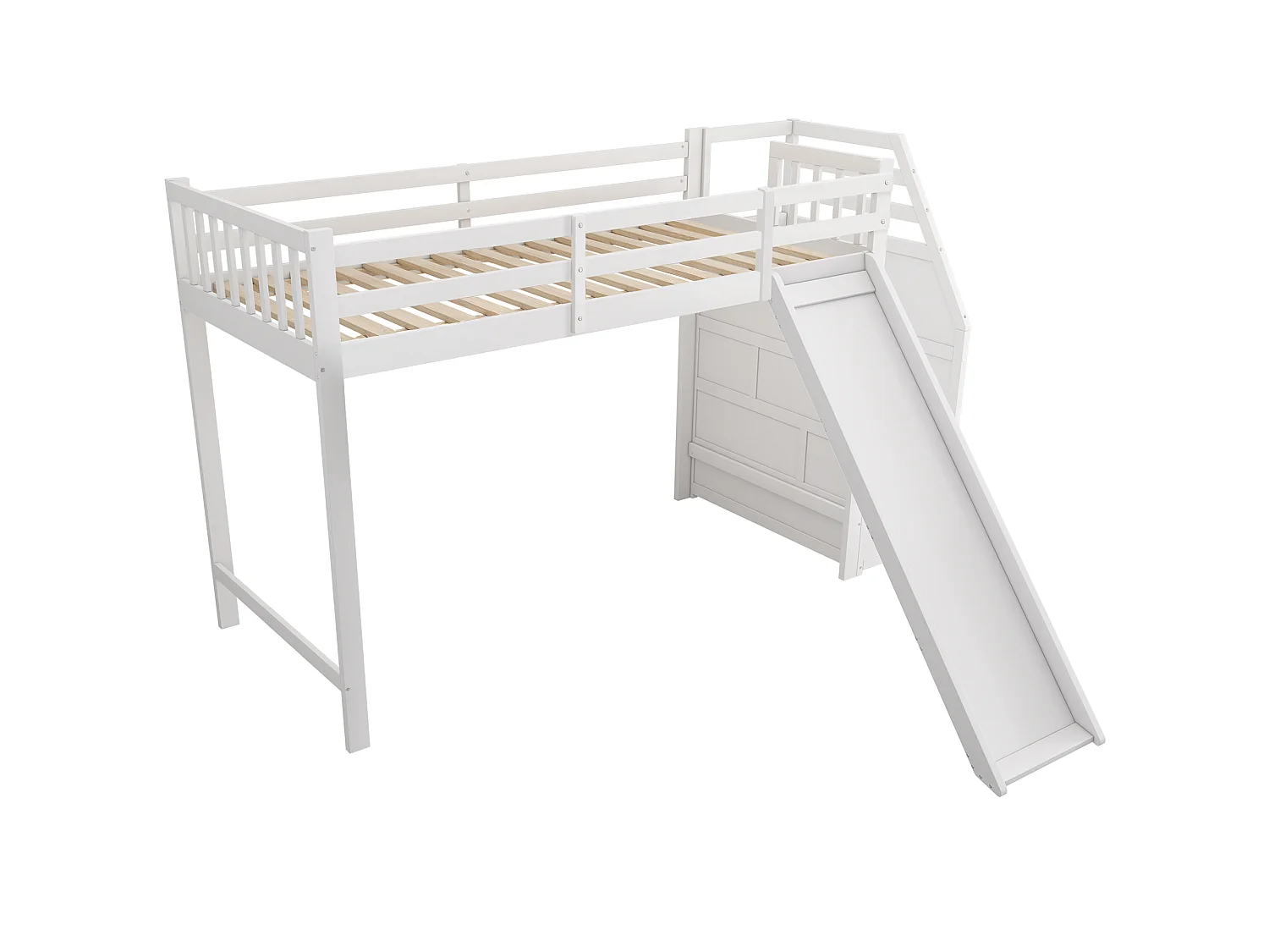 Lit mezzanine pour enfant - 90 x 200 cm - avec escalier de rangement + toboggan - bois - blanc