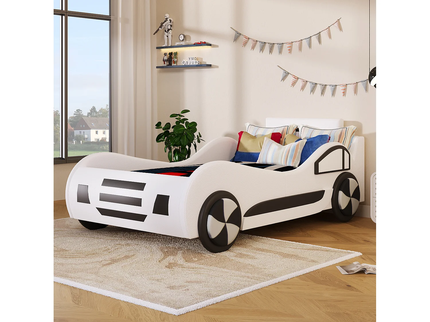 Kinderautobett – 90 x 200 cm – mit Lattenrost und Stauraum unter dem Bett – PU – weiß