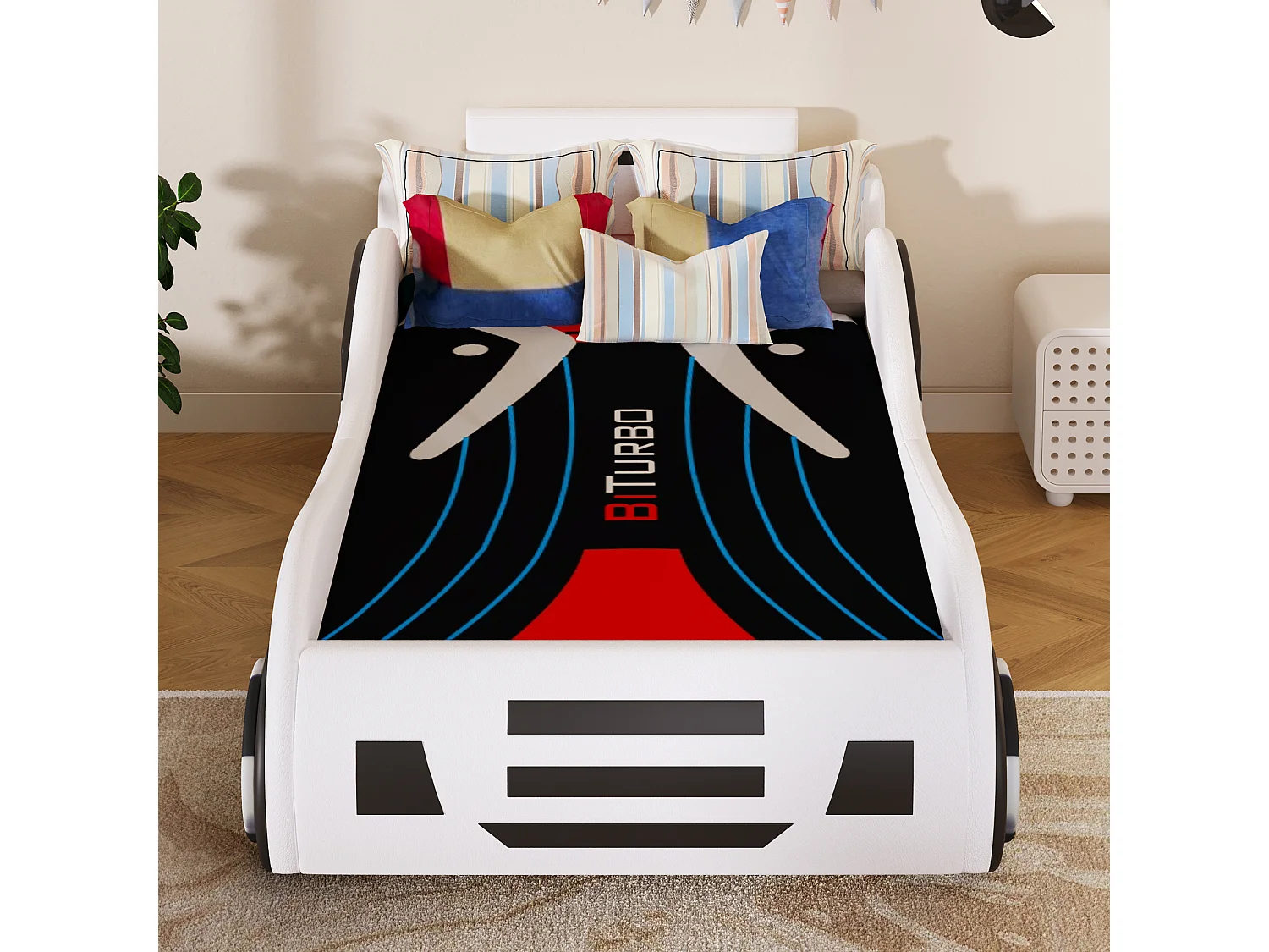 Kinderautobett – 90 x 200 cm – mit Lattenrost und Stauraum unter dem Bett – PU – weiß