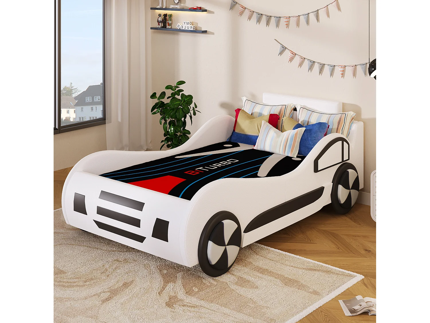 Kinderautobett – 90 x 200 cm – mit Lattenrost und Stauraum unter dem Bett – PU – weiß