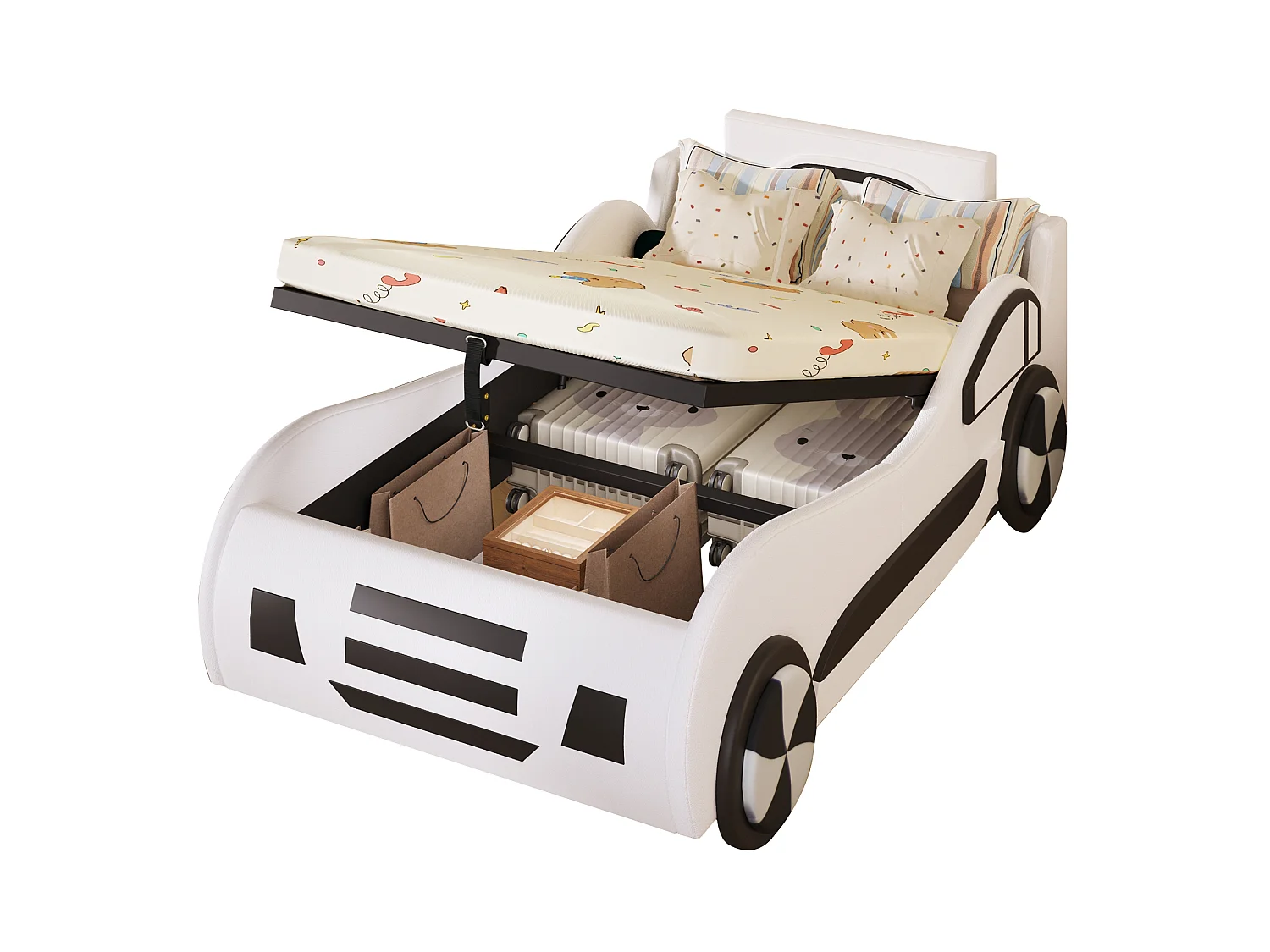 Kinderautobett – 90 x 200 cm – mit Lattenrost und Stauraum unter dem Bett – PU – weiß