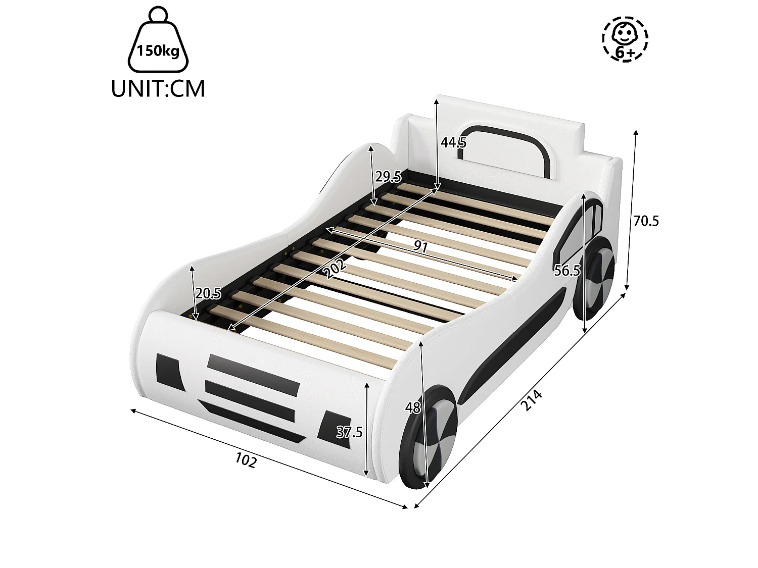 Kinderautobett – 90 x 200 cm – mit Lattenrost und Stauraum unter dem Bett – PU – weiß