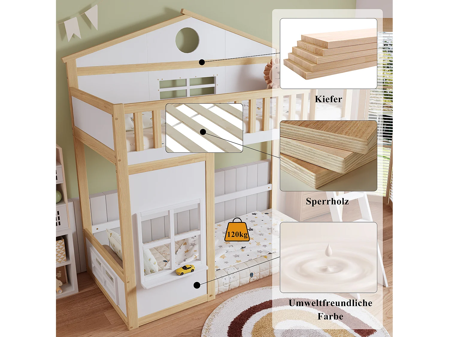 Lit mezzanine pour enfant - 90 x 200 cm - avec escalier + toit et fenêtre - pin et MDF - blanc et naturel