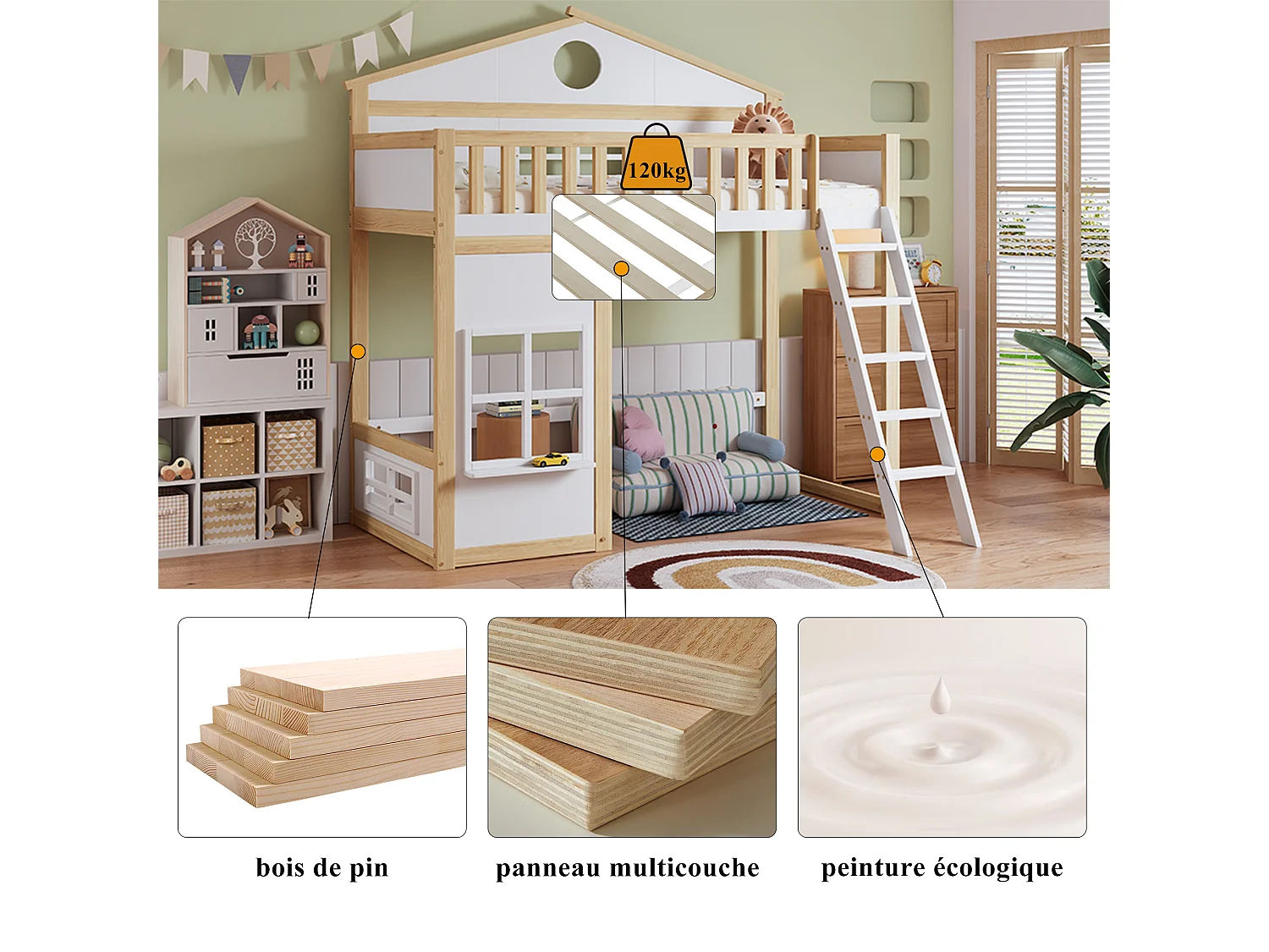 Lit mezzanine pour enfant - 90 x 200 cm - avec escalier + toit et fenêtre - pin et MDF - blanc et naturel