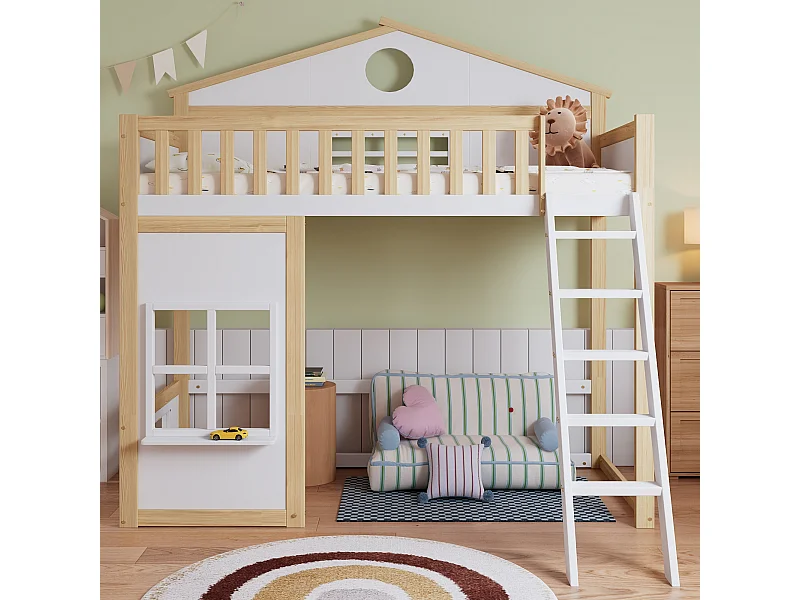 Lit mezzanine pour enfant - 90 x 200 cm - avec escalier + toit et fenêtre - pin et MDF - blanc et naturel