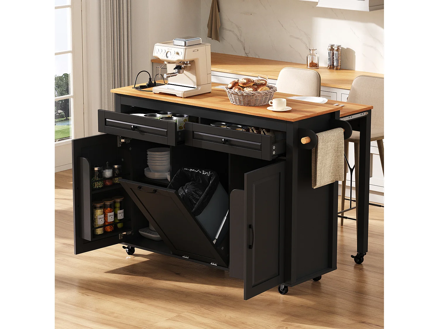 Isla de cocina móvil extensible - 120 x 40/75 x 92 cm - con 3 puertas + 2 cajones - MDF - negro