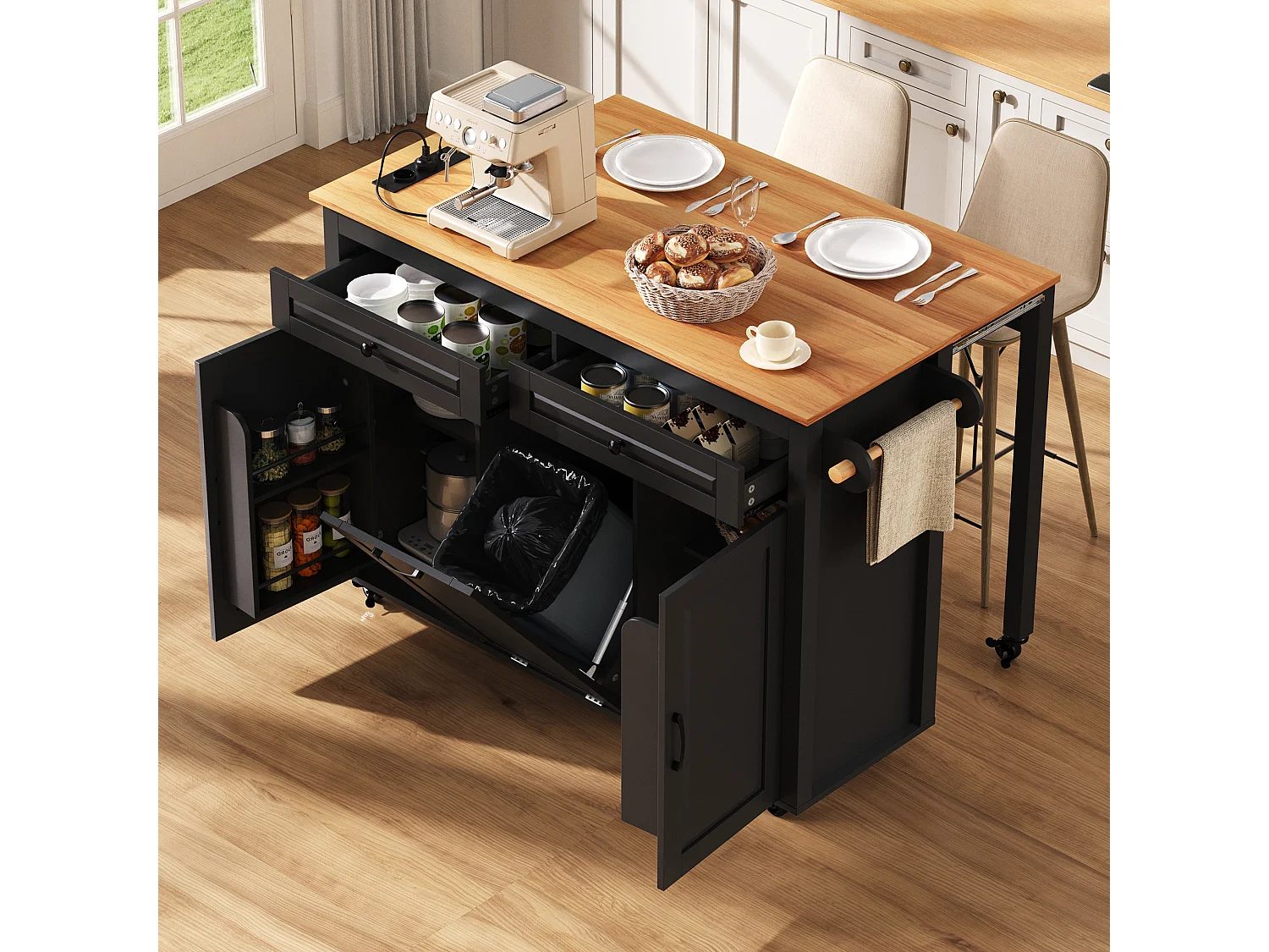 Isla de cocina móvil extensible - 120 x 40/75 x 92 cm - con 3 puertas + 2 cajones - MDF - negro