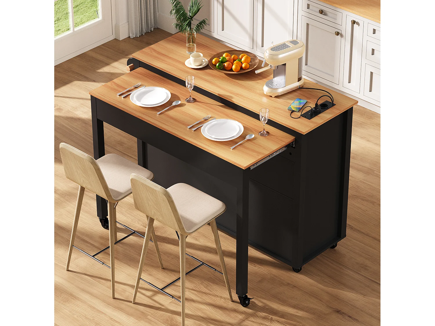 Isla de cocina móvil extensible - 120 x 40/75 x 92 cm - con 3 puertas + 2 cajones - MDF - negro