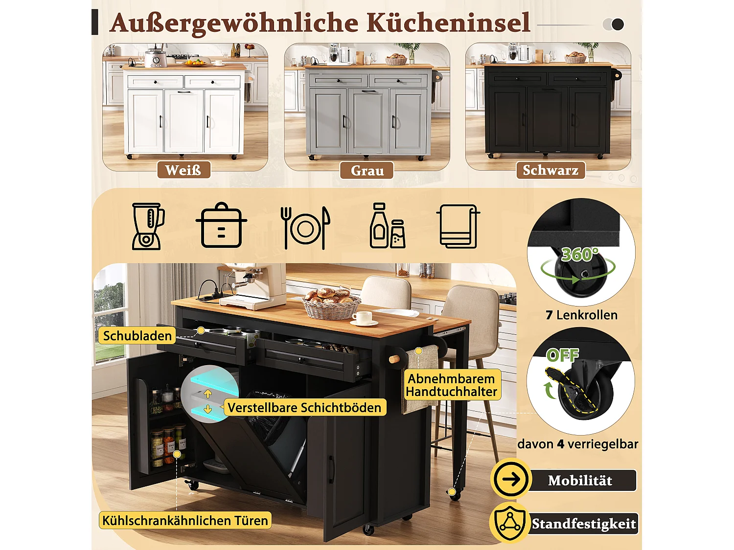 Isla de cocina móvil extensible - 120 x 40/75 x 92 cm - con 3 puertas + 2 cajones - MDF - negro