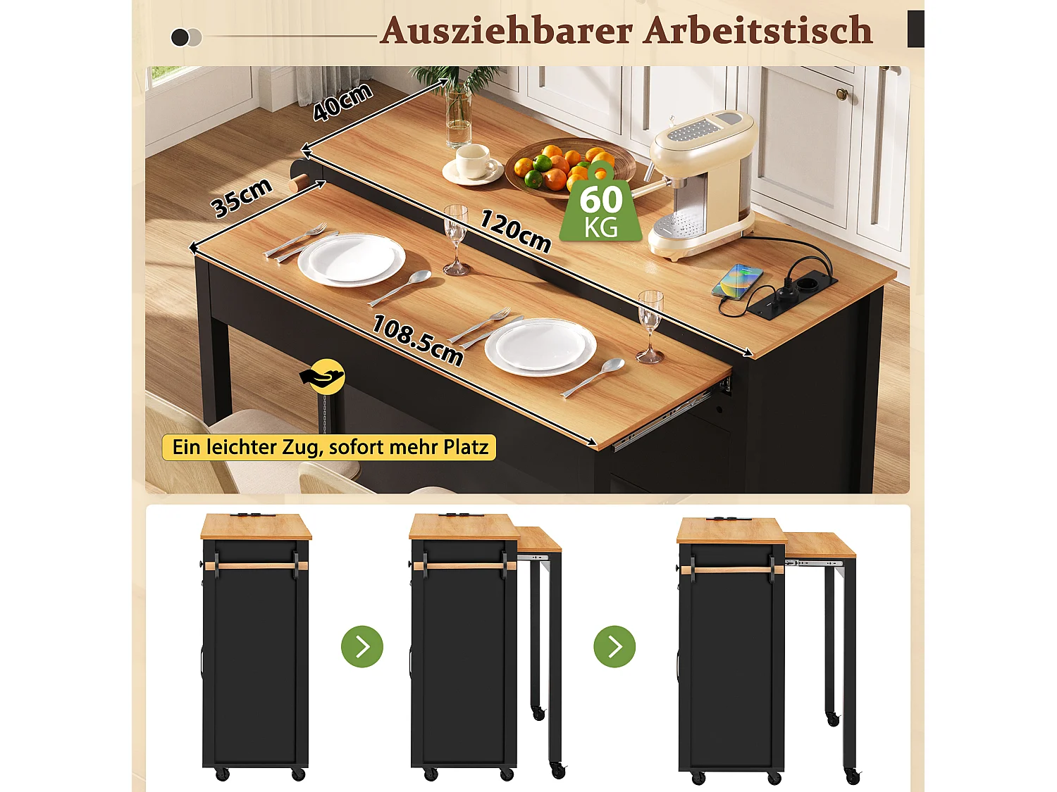 Isla de cocina móvil extensible - 120 x 40/75 x 92 cm - con 3 puertas + 2 cajones - MDF - negro