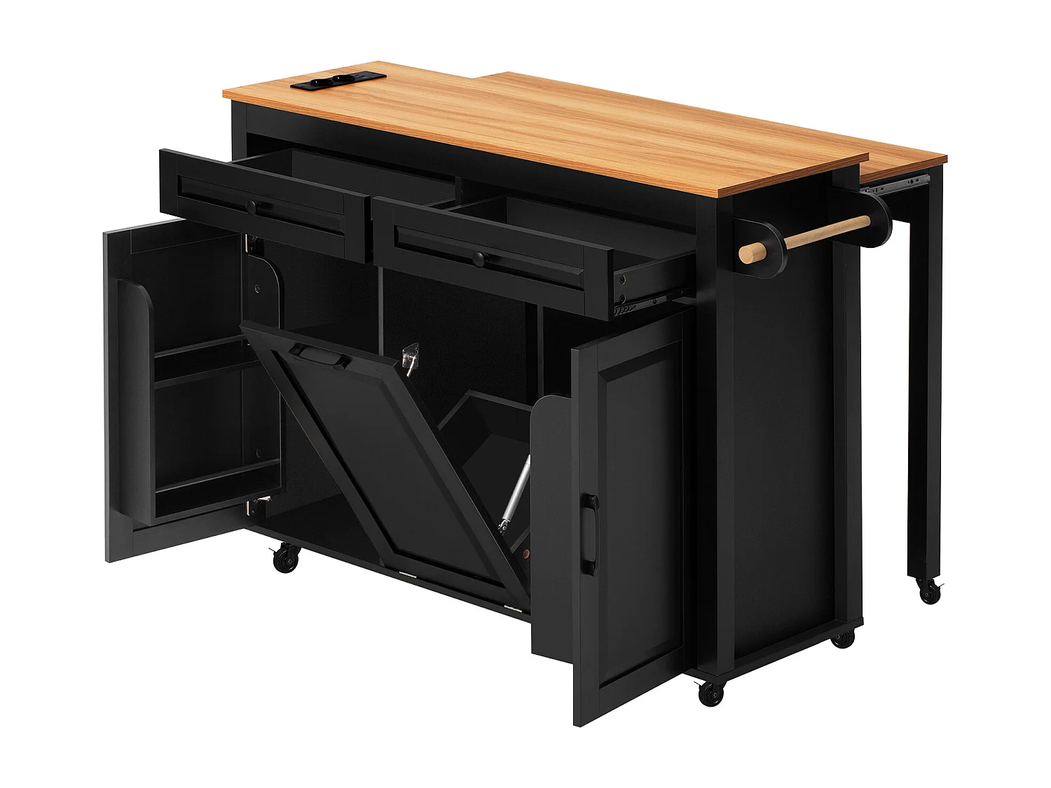 Isla de cocina móvil extensible - 120 x 40/75 x 92 cm - con 3 puertas + 2 cajones - MDF - negro