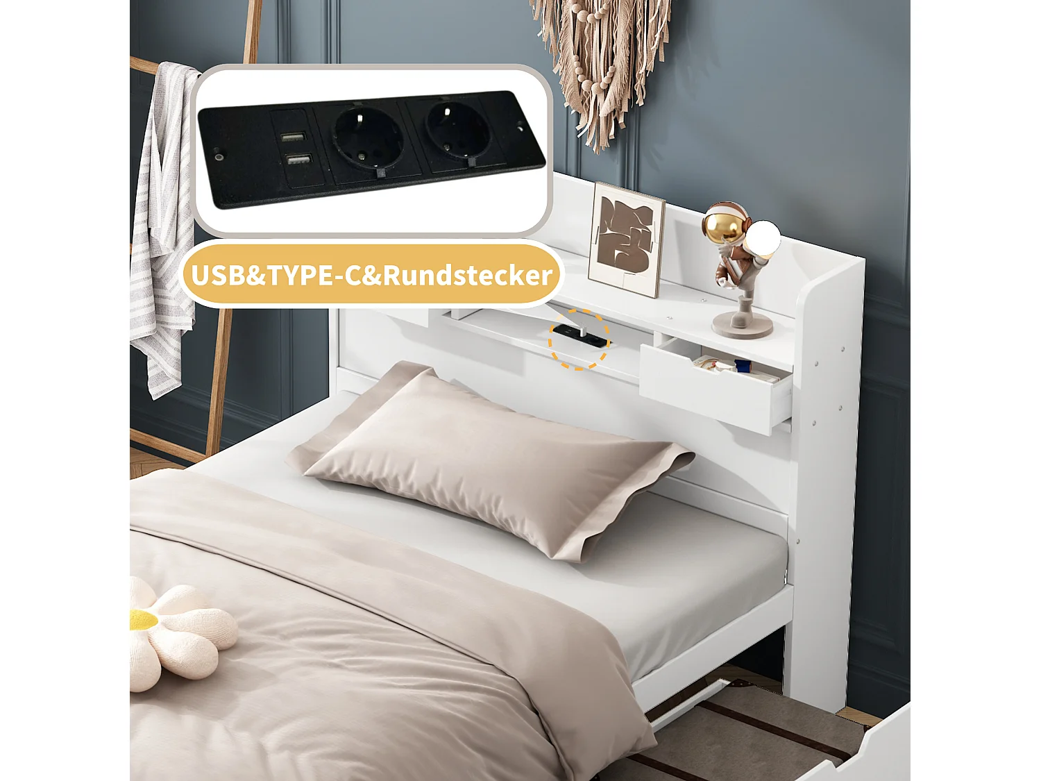 Łóżko dziecięce z pojemnikiem na pościel 90 x 200 cm z portem USB + szuflady + szafa z miejscem do przechowywania - drewno - białe