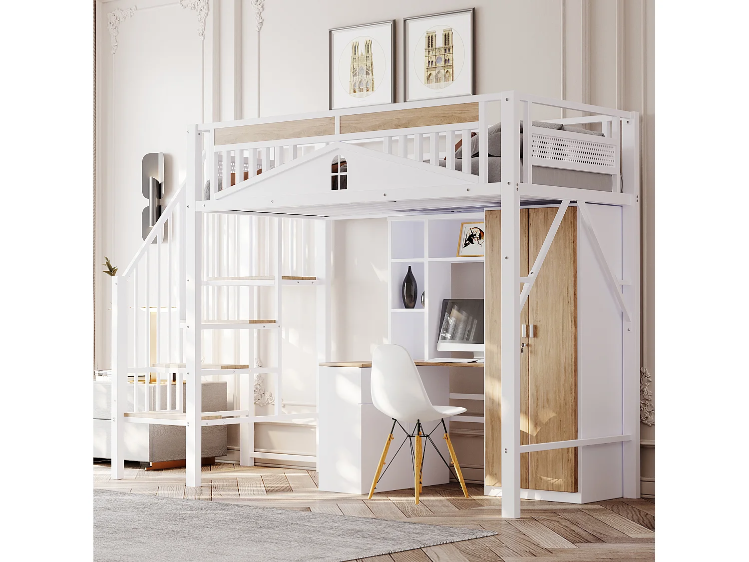 Letto a soppalco in metallo per bambini - 90 x 200 cm - struttura di sicurezza con finestra - metallo + legno - bianco