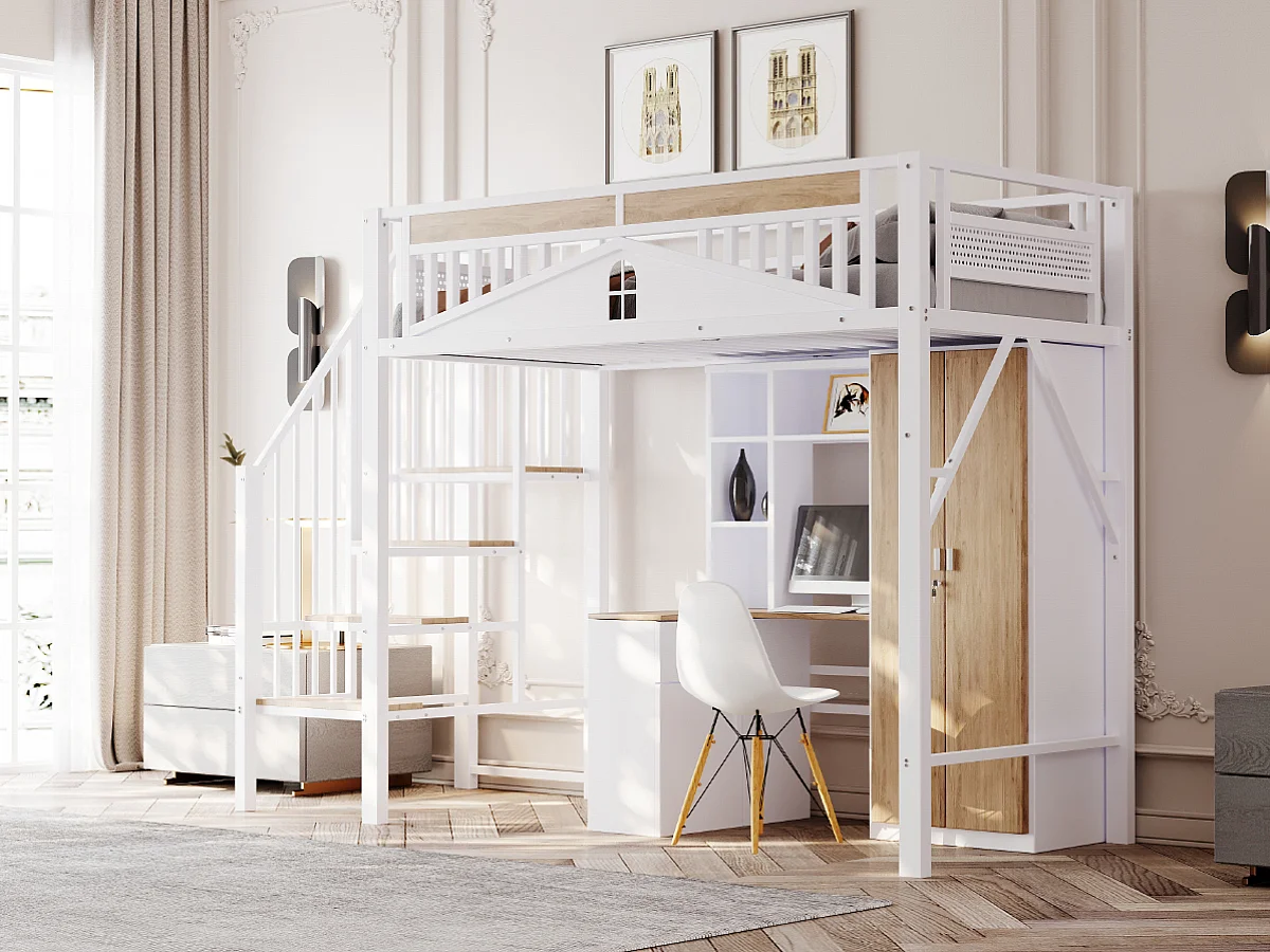 Letto a soppalco in metallo per bambini - 90 x 200 cm - struttura di sicurezza con finestra - metallo + legno - bianco