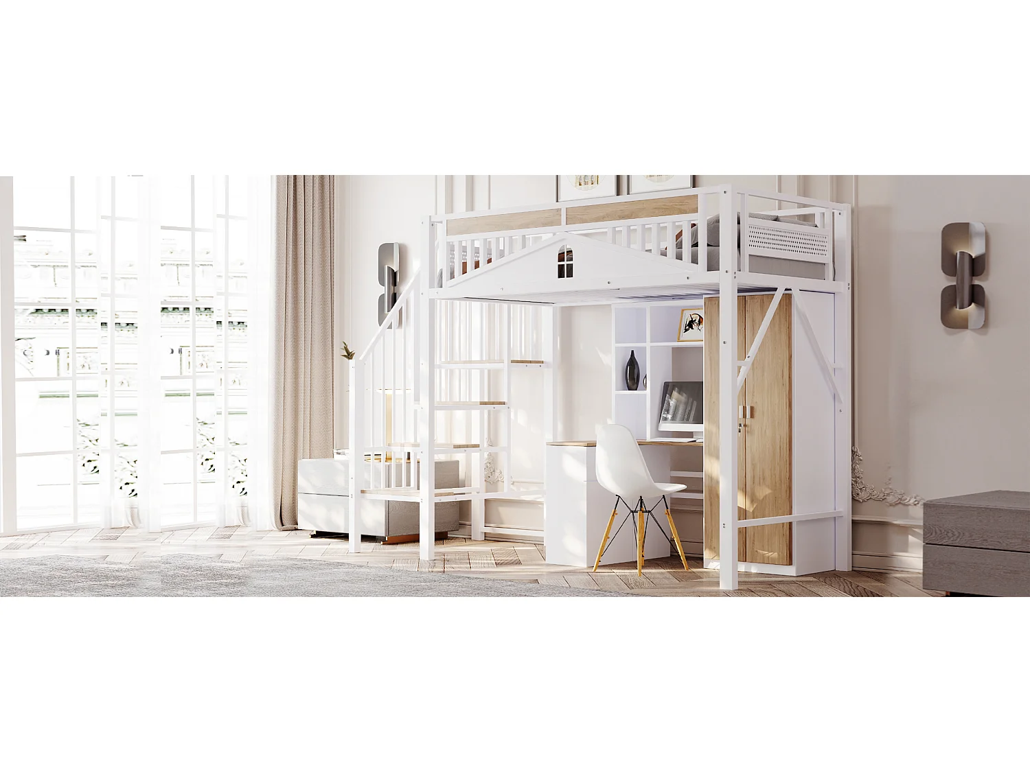 Letto a soppalco in metallo per bambini - 90 x 200 cm - struttura di sicurezza con finestra - metallo + legno - bianco