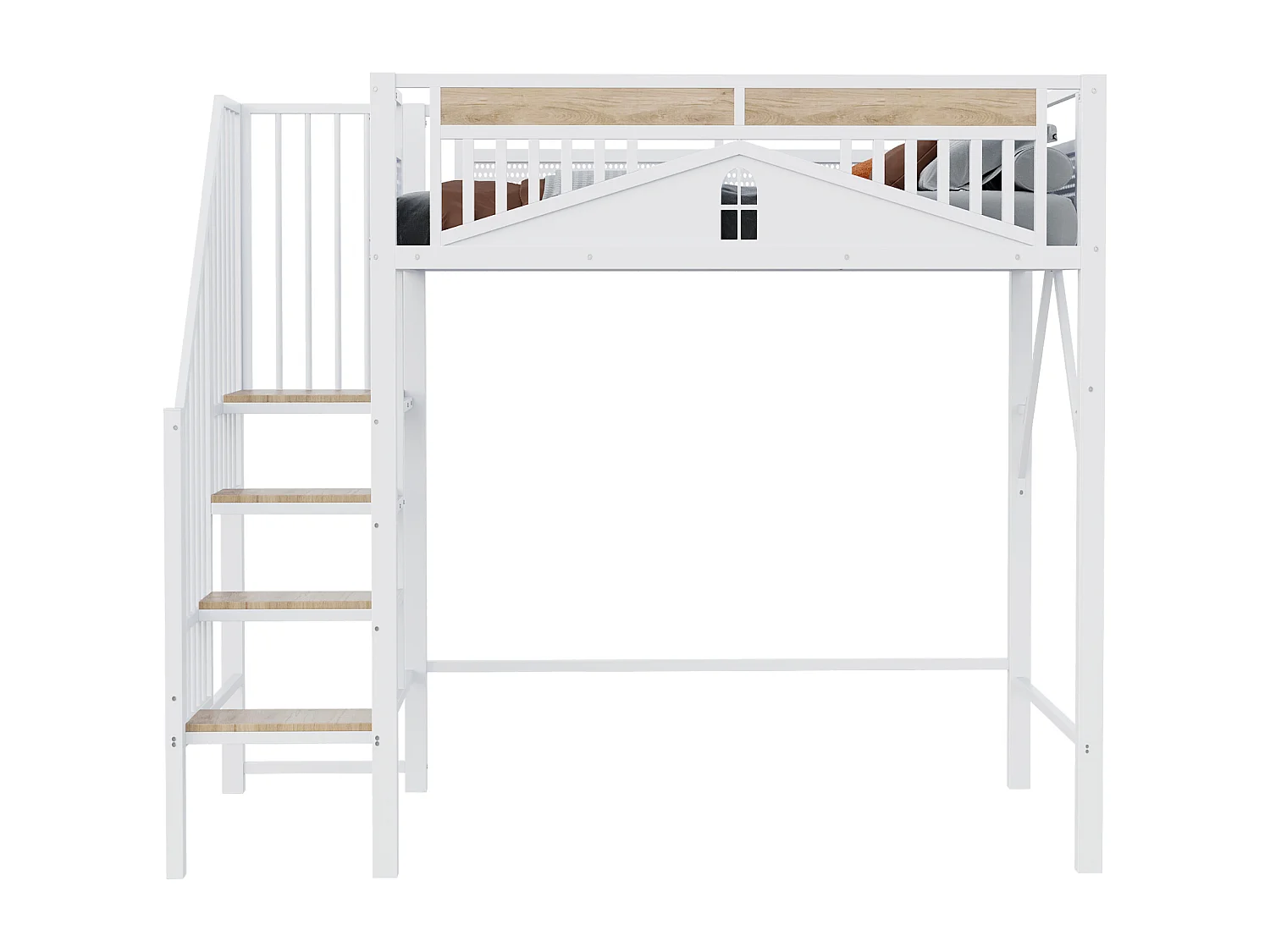 Letto a soppalco in metallo per bambini - 90 x 200 cm - struttura di sicurezza con finestra - metallo + legno - bianco