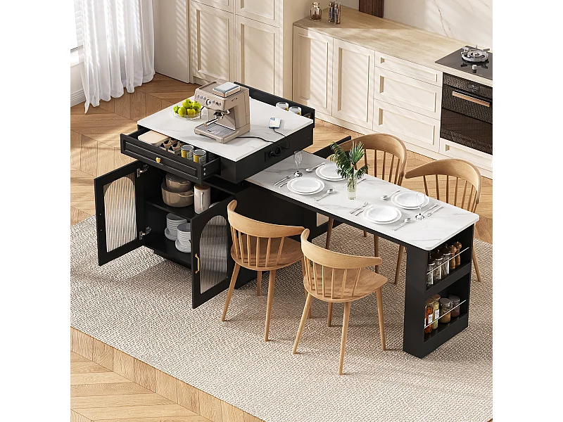 Isla de cocina con ruedas - 128 x 71 x 92 cm - mesa de comedor extensible con LED + puertas + cajón - MDF + cristal - negro