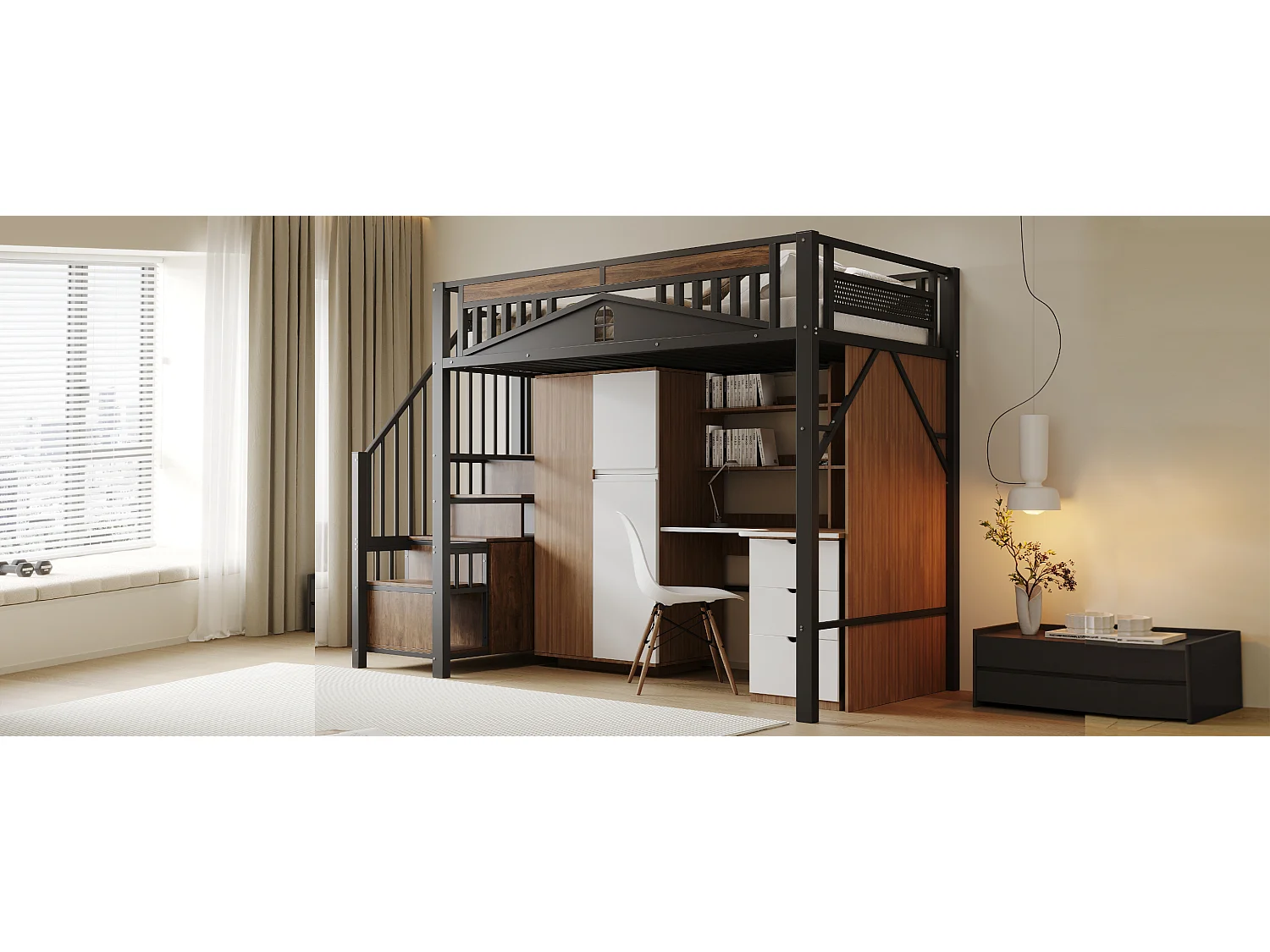 Metall-Hochbett für Kinder – 90 x 200 cm – Sicherheitsleiter mit Staufach – Metall + Holz – schwarz