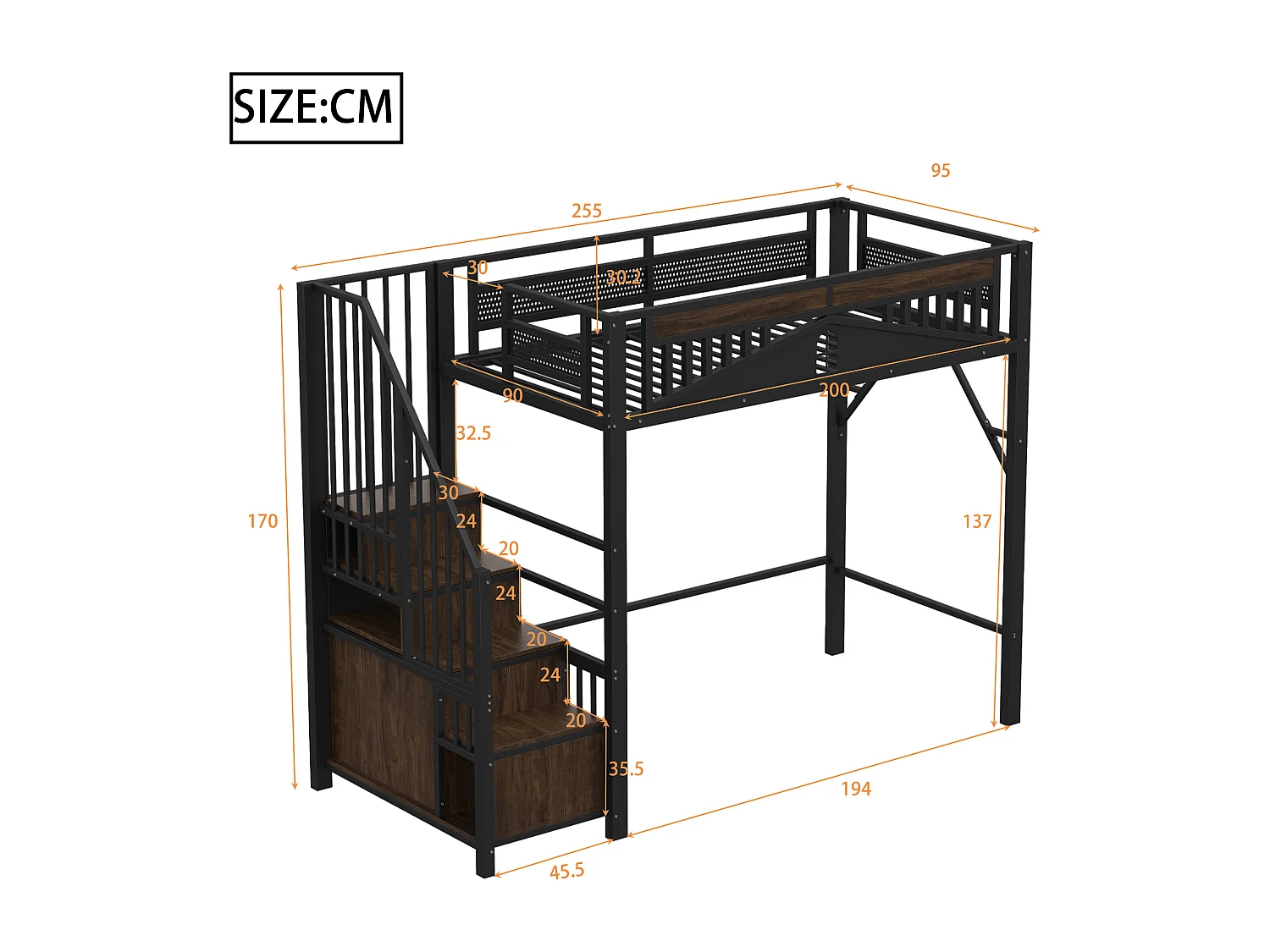 Metall-Hochbett für Kinder – 90 x 200 cm – Sicherheitsleiter mit Staufach – Metall + Holz – schwarz