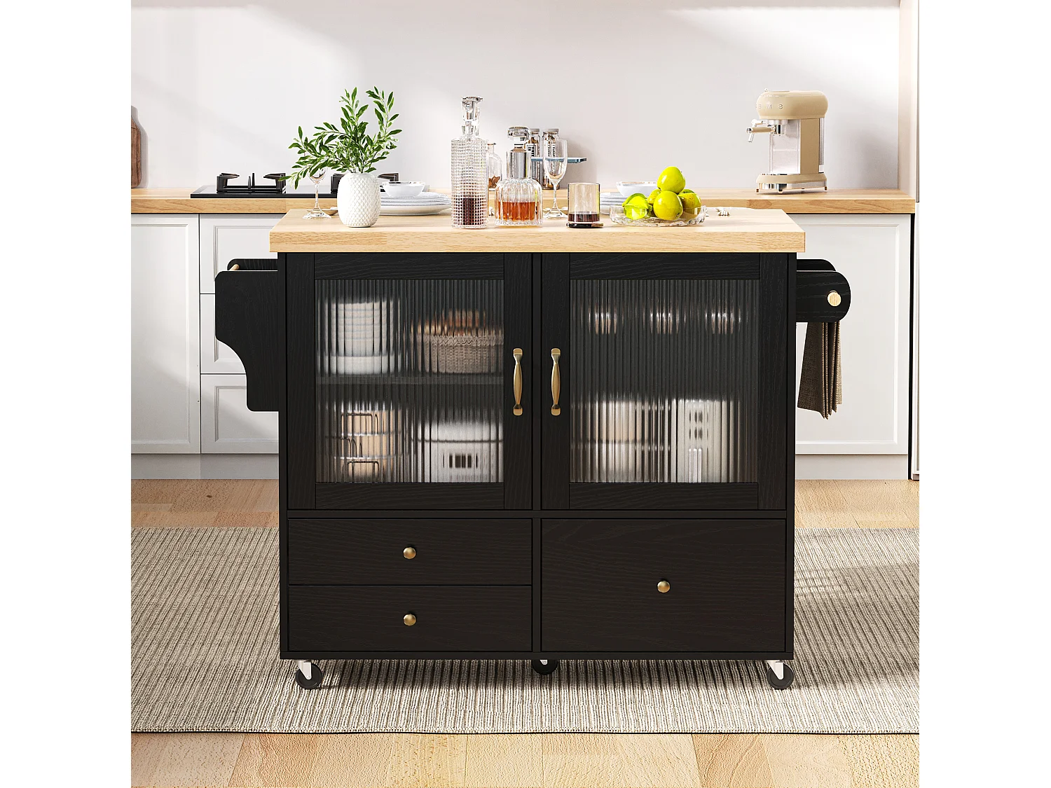 Mobile Kücheninsel mit ausziehbarem Esstisch – 100 x 42/70 x 91,5 cm – mit Türen und 3 Schubladen – MDF – schwarz + natur