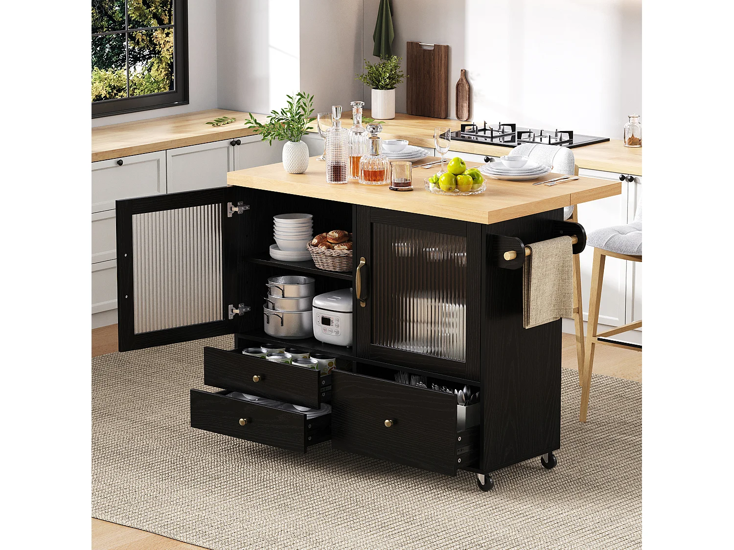 Mobile Kücheninsel mit ausziehbarem Esstisch – 100 x 42/70 x 91,5 cm – mit Türen und 3 Schubladen – MDF – schwarz + natur