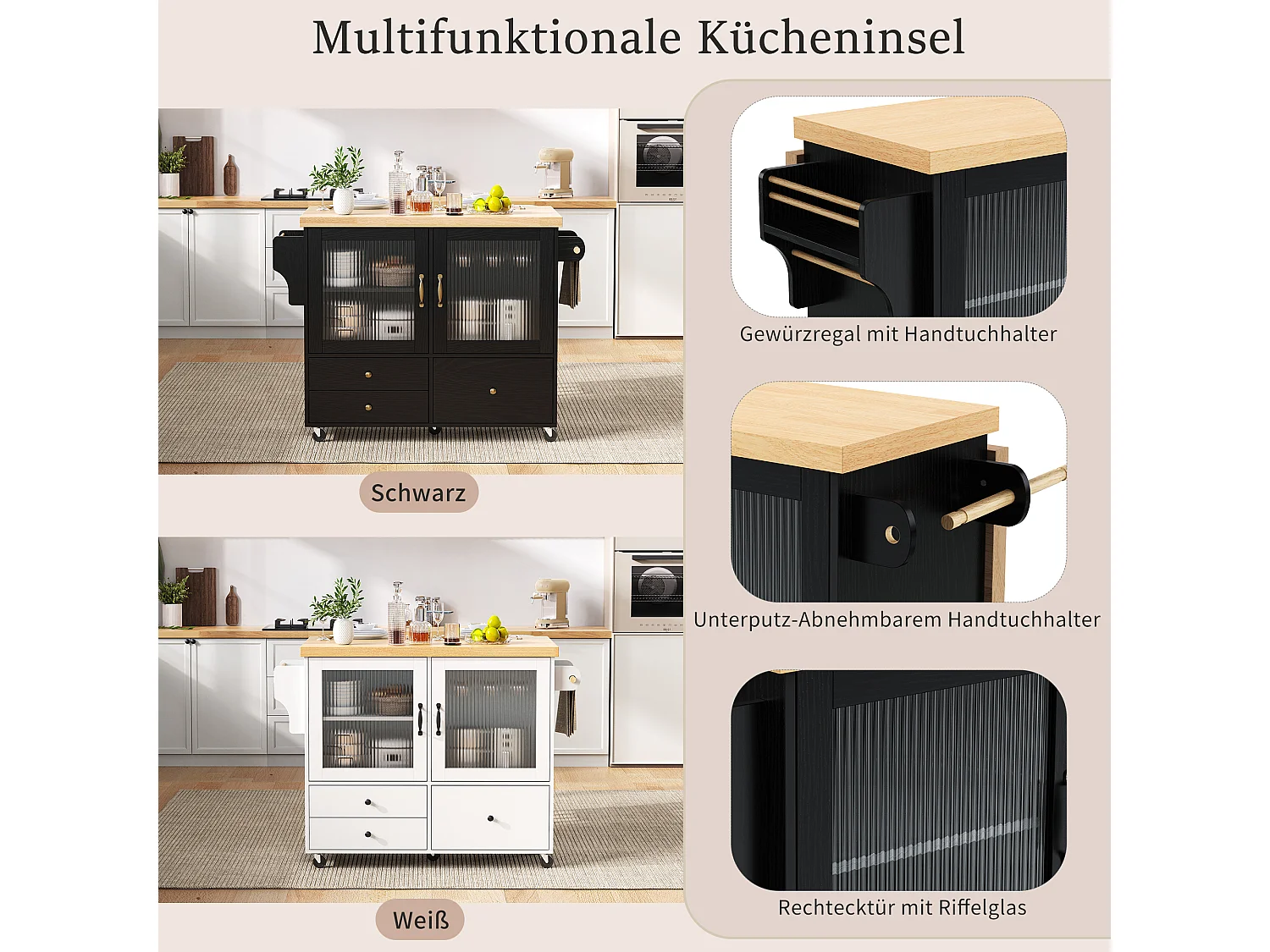 Mobile Kücheninsel mit ausziehbarem Esstisch – 100 x 42/70 x 91,5 cm – mit Türen und 3 Schubladen – MDF – schwarz + natur
