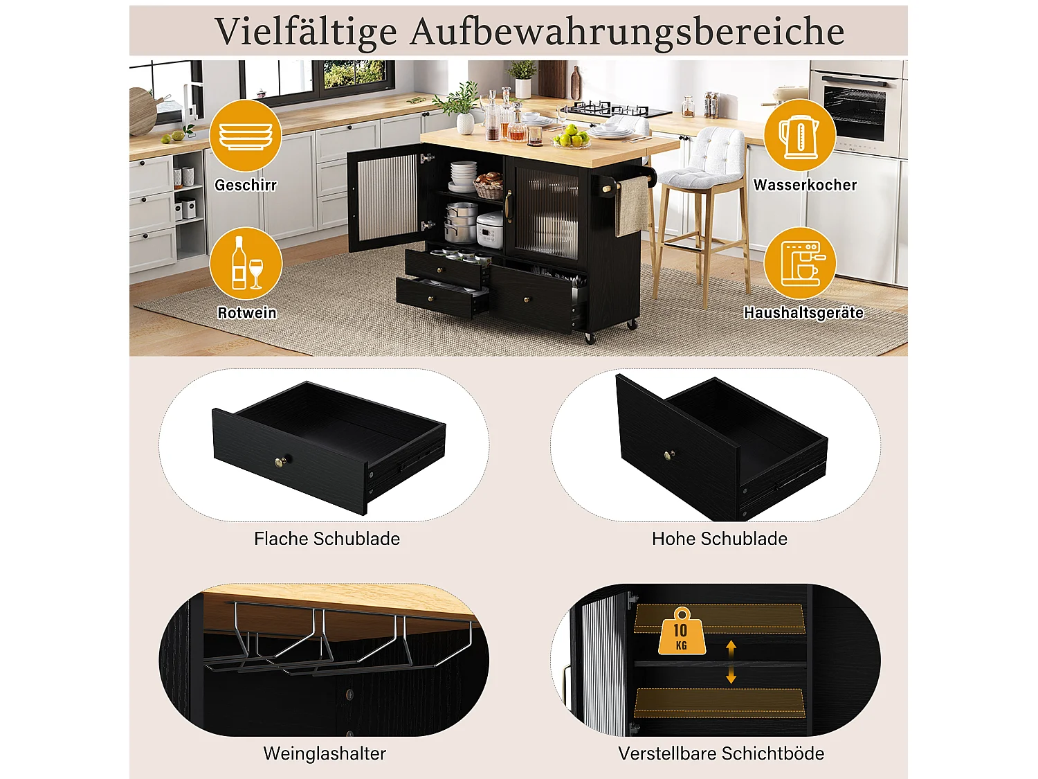 Mobile Kücheninsel mit ausziehbarem Esstisch – 100 x 42/70 x 91,5 cm – mit Türen und 3 Schubladen – MDF – schwarz + natur
