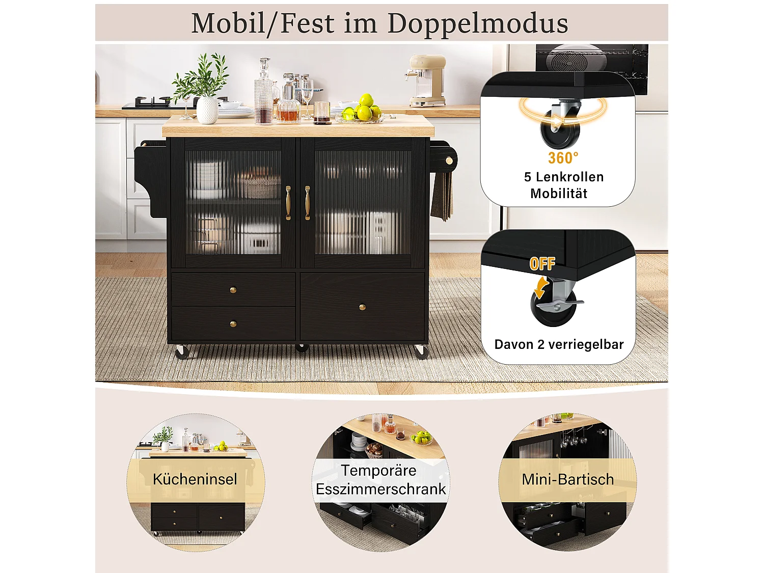 Mobile Kücheninsel mit ausziehbarem Esstisch – 100 x 42/70 x 91,5 cm – mit Türen und 3 Schubladen – MDF – schwarz + natur