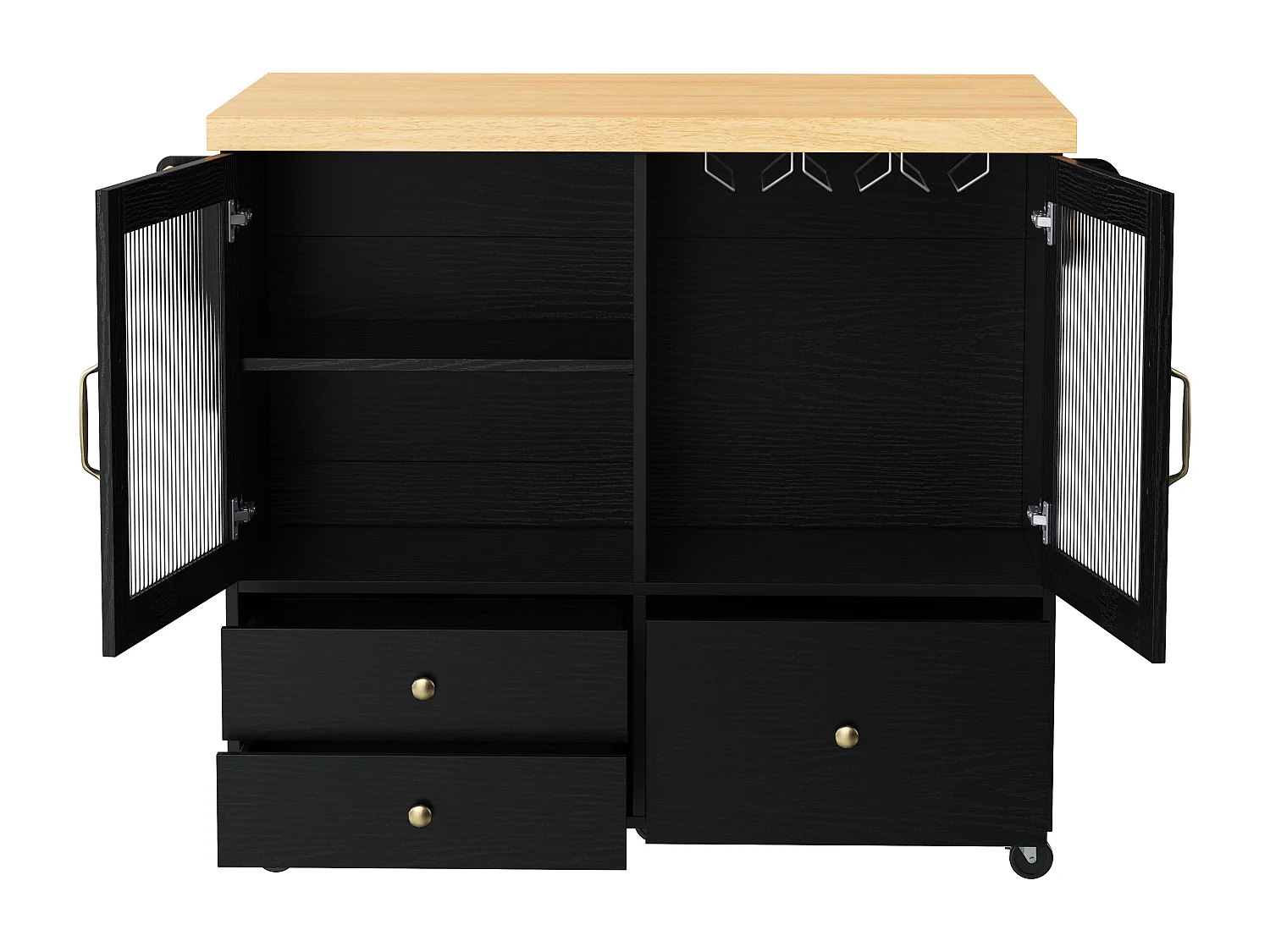 Mobile Kücheninsel mit ausziehbarem Esstisch – 100 x 42/70 x 91,5 cm – mit Türen und 3 Schubladen – MDF – schwarz + natur