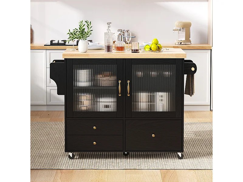 Mobile Kücheninsel mit ausziehbarem Esstisch – 100 x 42/70 x 91,5 cm – mit Türen und 3 Schubladen – MDF – schwarz + natur