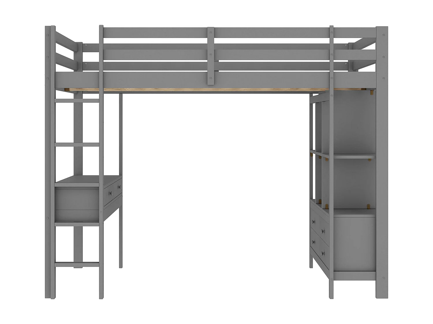Lit mezzanine enfant - 140 x 200 cm - avec tiroirs + bureau + étagère de rangement - bois - gris