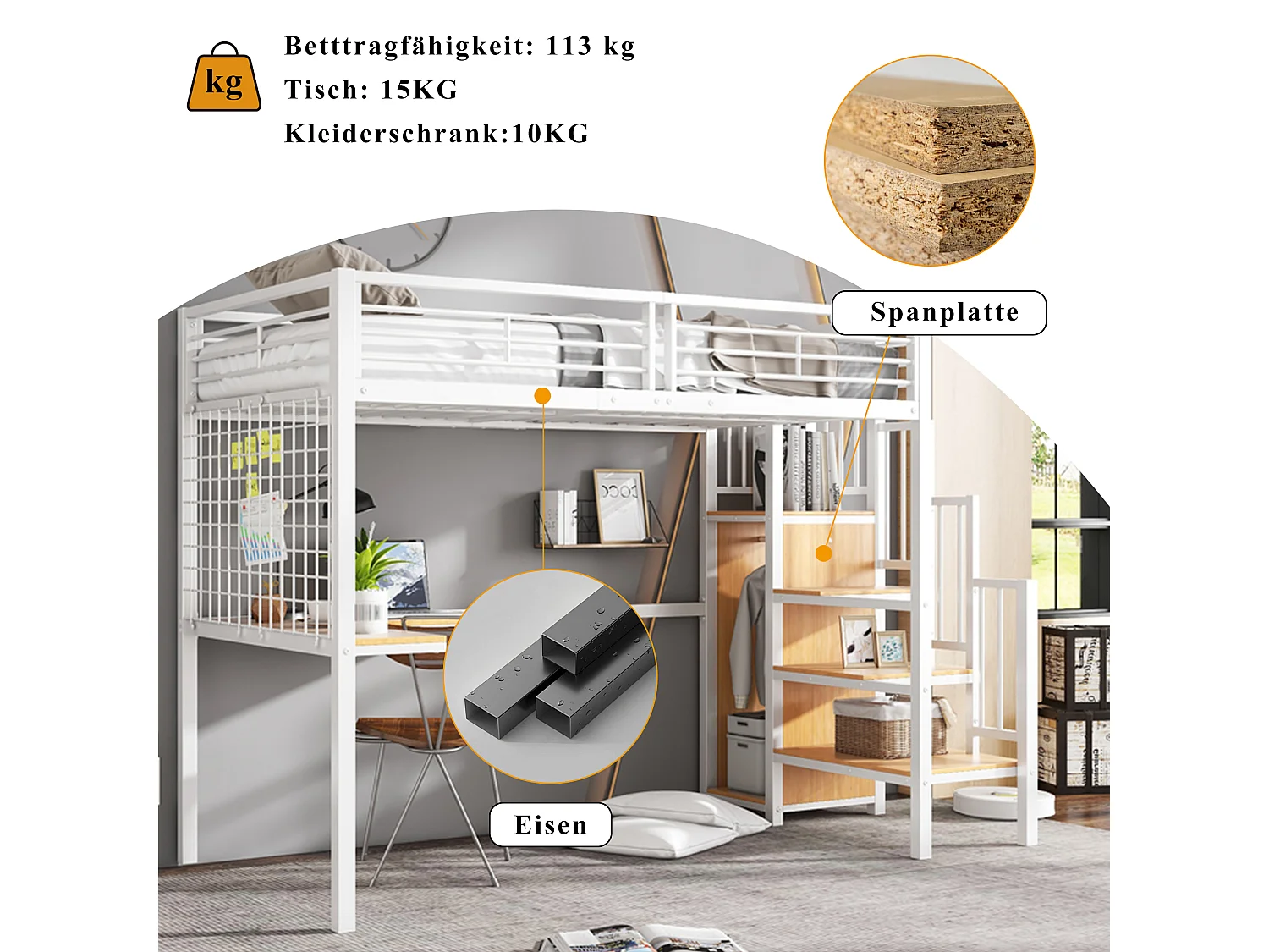 Letto a soppalco per bambini - 90 x 200 cm - con scrivania + armadio + scaletta portaoggetti - Metallo + MDF - bianco + naturale