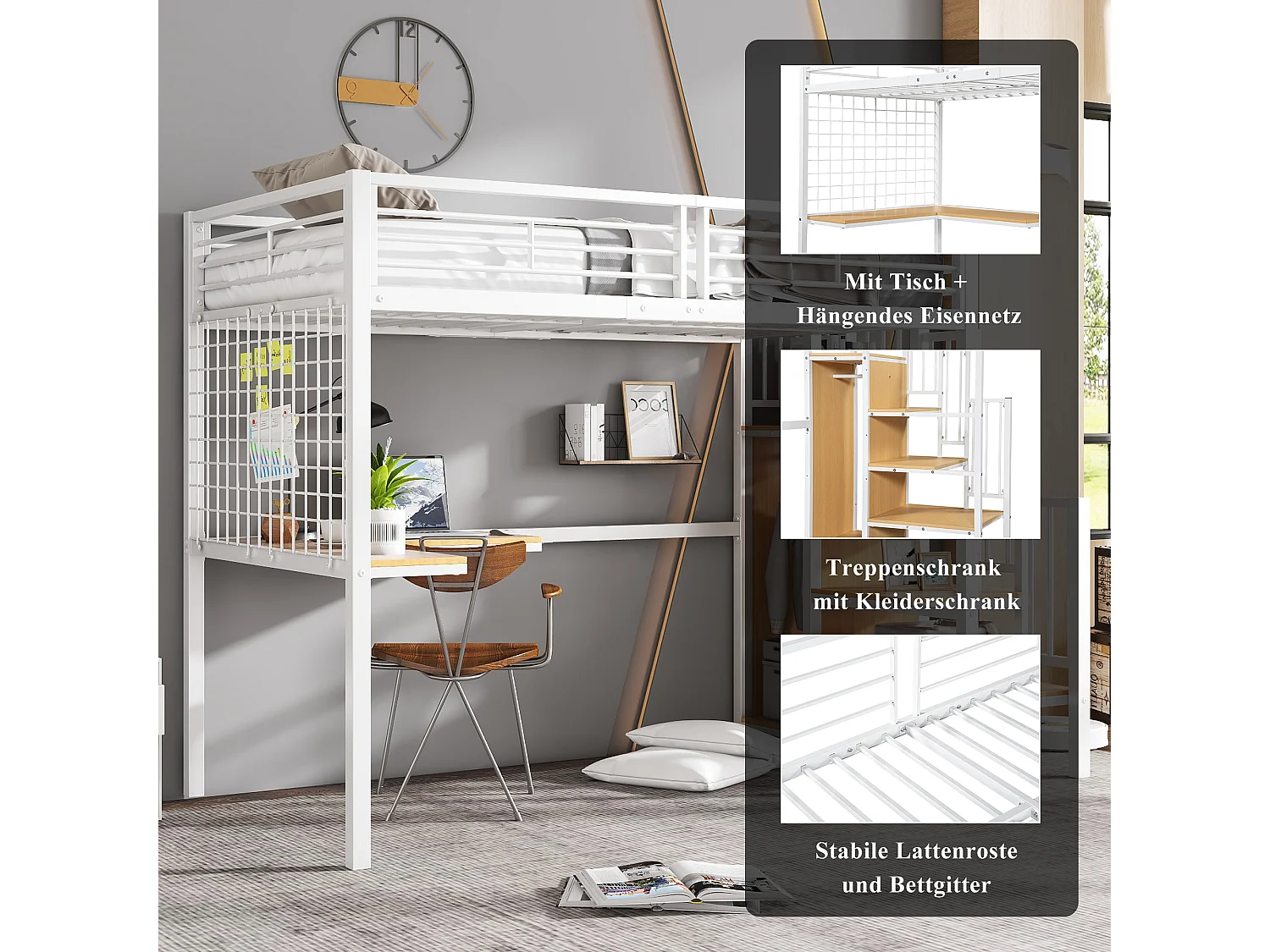 Letto a soppalco per bambini - 90 x 200 cm - con scrivania + armadio + scaletta portaoggetti - Metallo + MDF - bianco + naturale