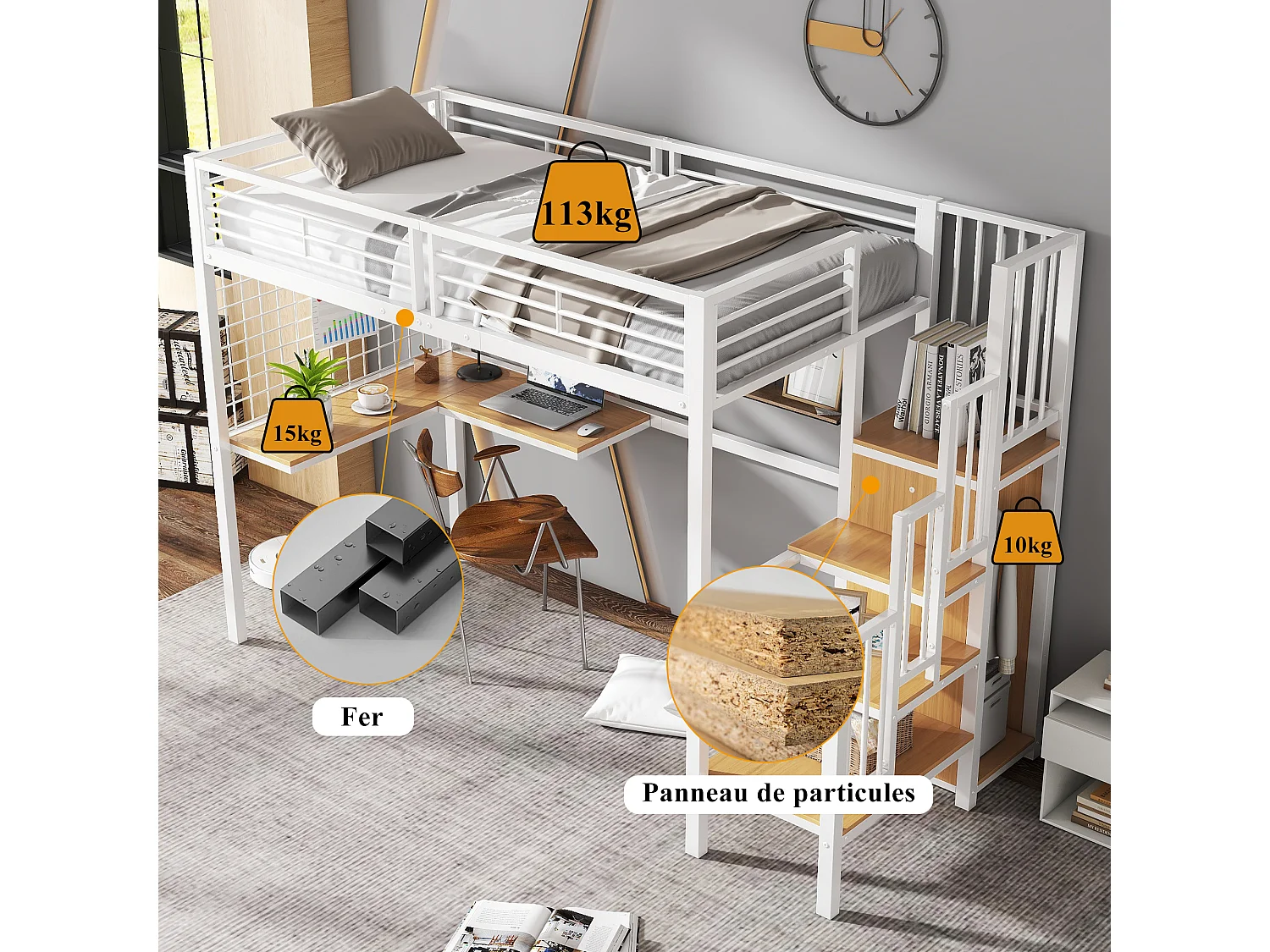 Letto a soppalco per bambini - 90 x 200 cm - con scrivania + armadio + scaletta portaoggetti - Metallo + MDF - bianco + naturale