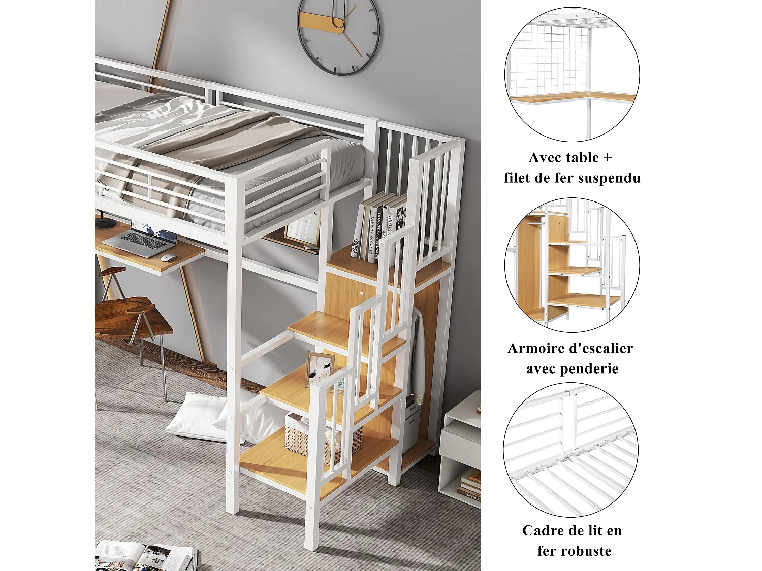 Letto a soppalco per bambini - 90 x 200 cm - con scrivania + armadio + scaletta portaoggetti - Metallo + MDF - bianco + naturale