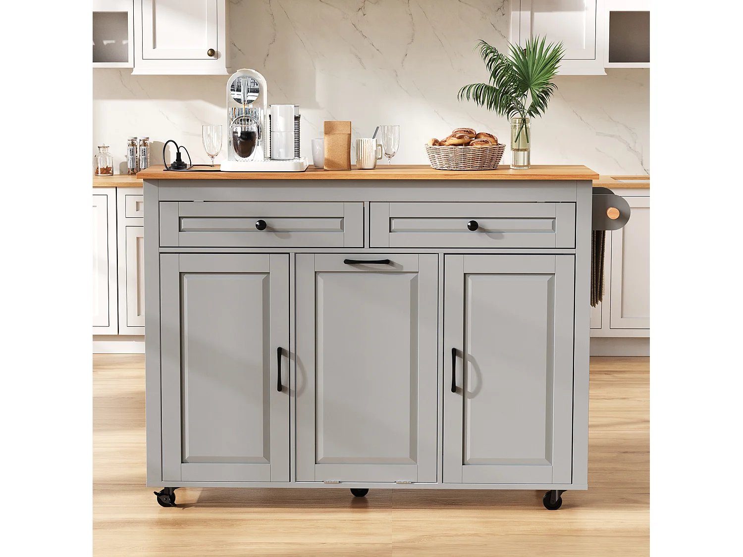 Isla de cocina móvil extensible - 120 x 40/75 x 92 cm - con 3 puertas + 2 cajones - MDF - gris