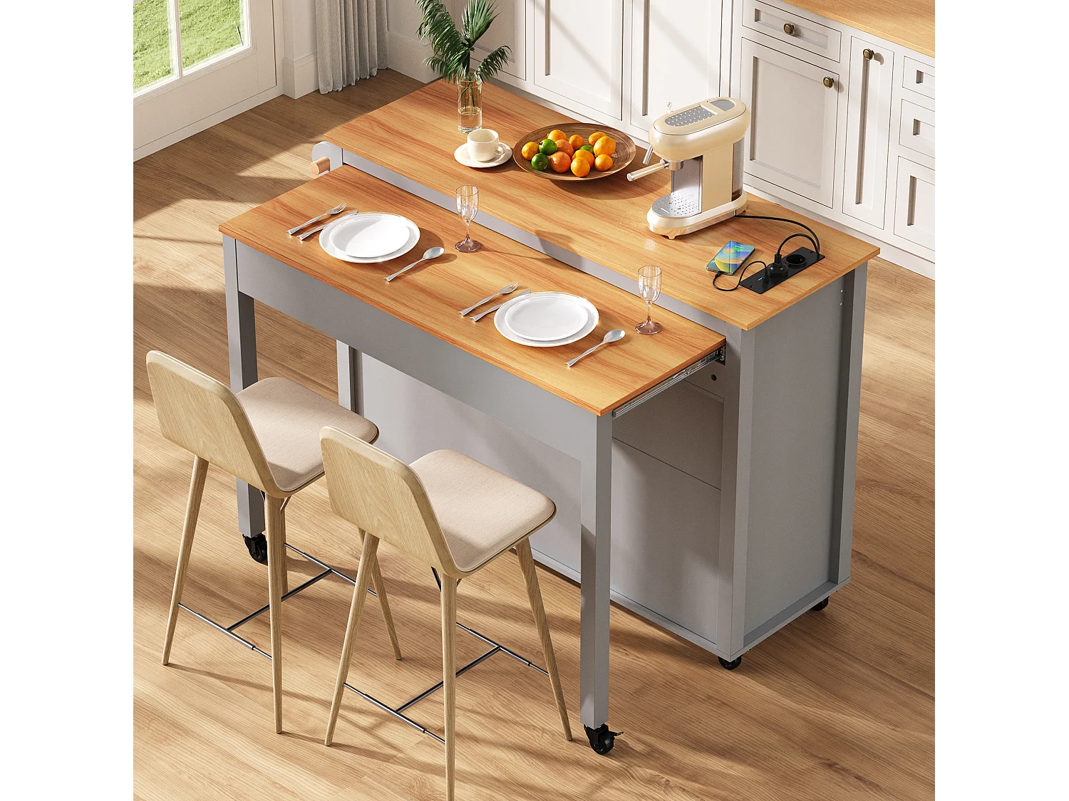 Isla de cocina móvil extensible - 120 x 40/75 x 92 cm - con 3 puertas + 2 cajones - MDF - gris